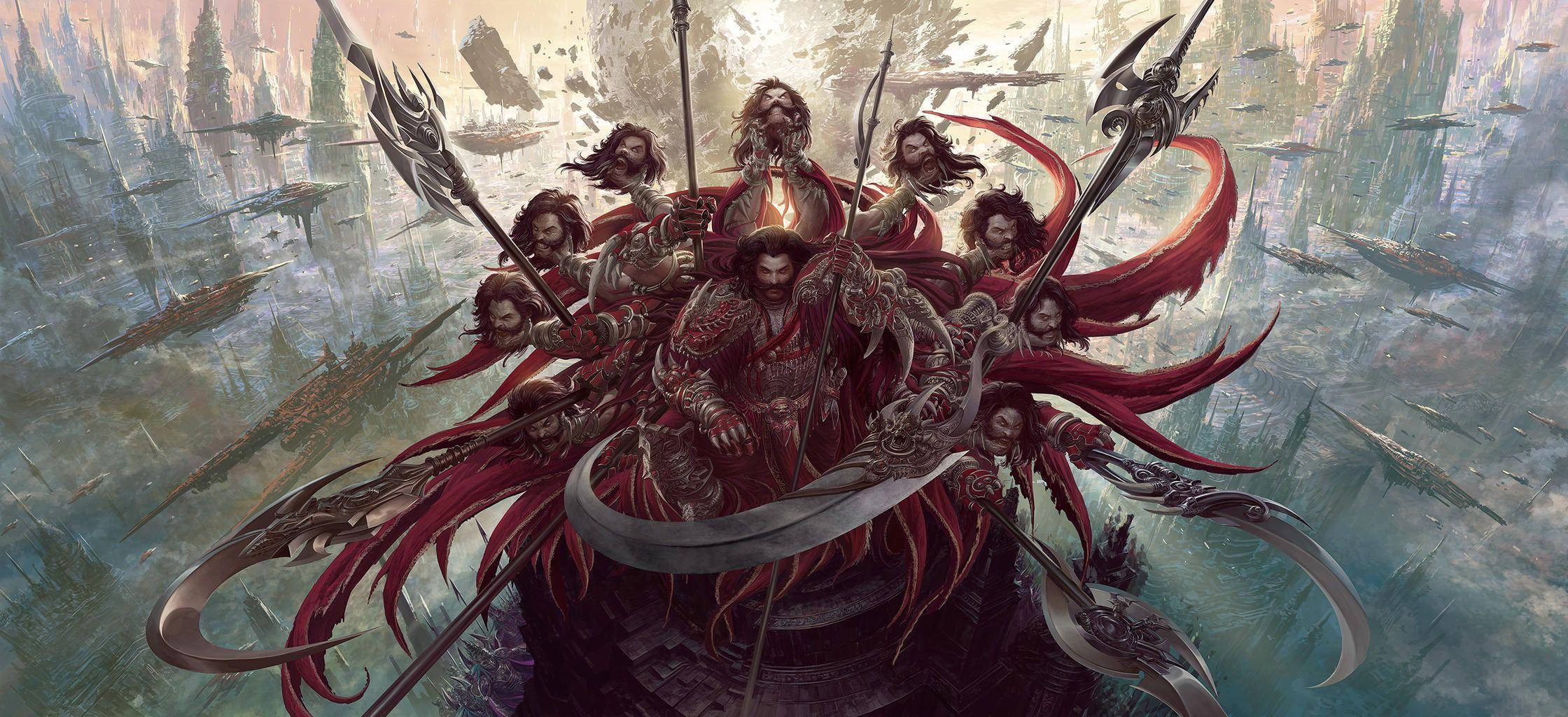 Ravana 桌布 壁紙 — 一位身穿紅色斗篷、手持多種武器的兇猛戰士，在風暴肆虐的廢墟城市景觀中，站在被裝甲追隨者包圍的王座上。
