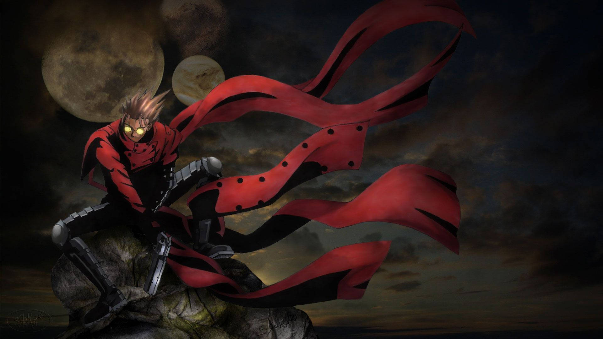 Trigun 桌布 壁紙 — 一位身穿紅色斗篷、眼睛發光的動漫戰士，在黑暗的天空下有兩個月亮，棲息在岩石上。