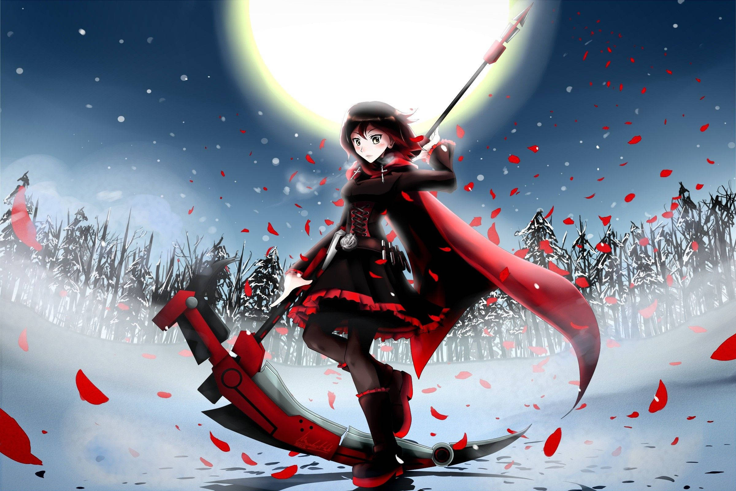 Rwby 桌布 壁紙 — 一位身穿紅色斗篷的動漫女孩在發光的月亮下揮舞著一把大鐮刀，紅色花瓣飄落在雪地中。