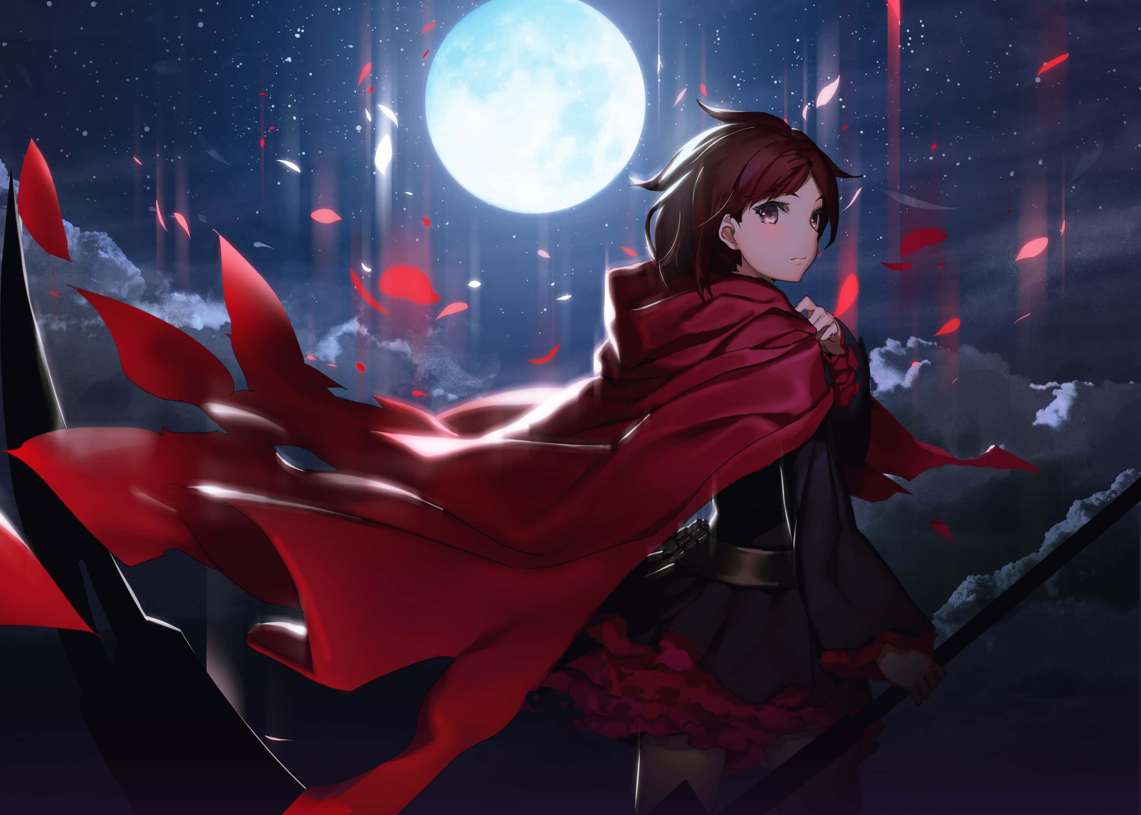 RWBY 桌布 壁紙 — 一位身穿紅色斗篷的動漫女孩站在發光的月亮下，深紅色的花瓣在夜空中旋轉。