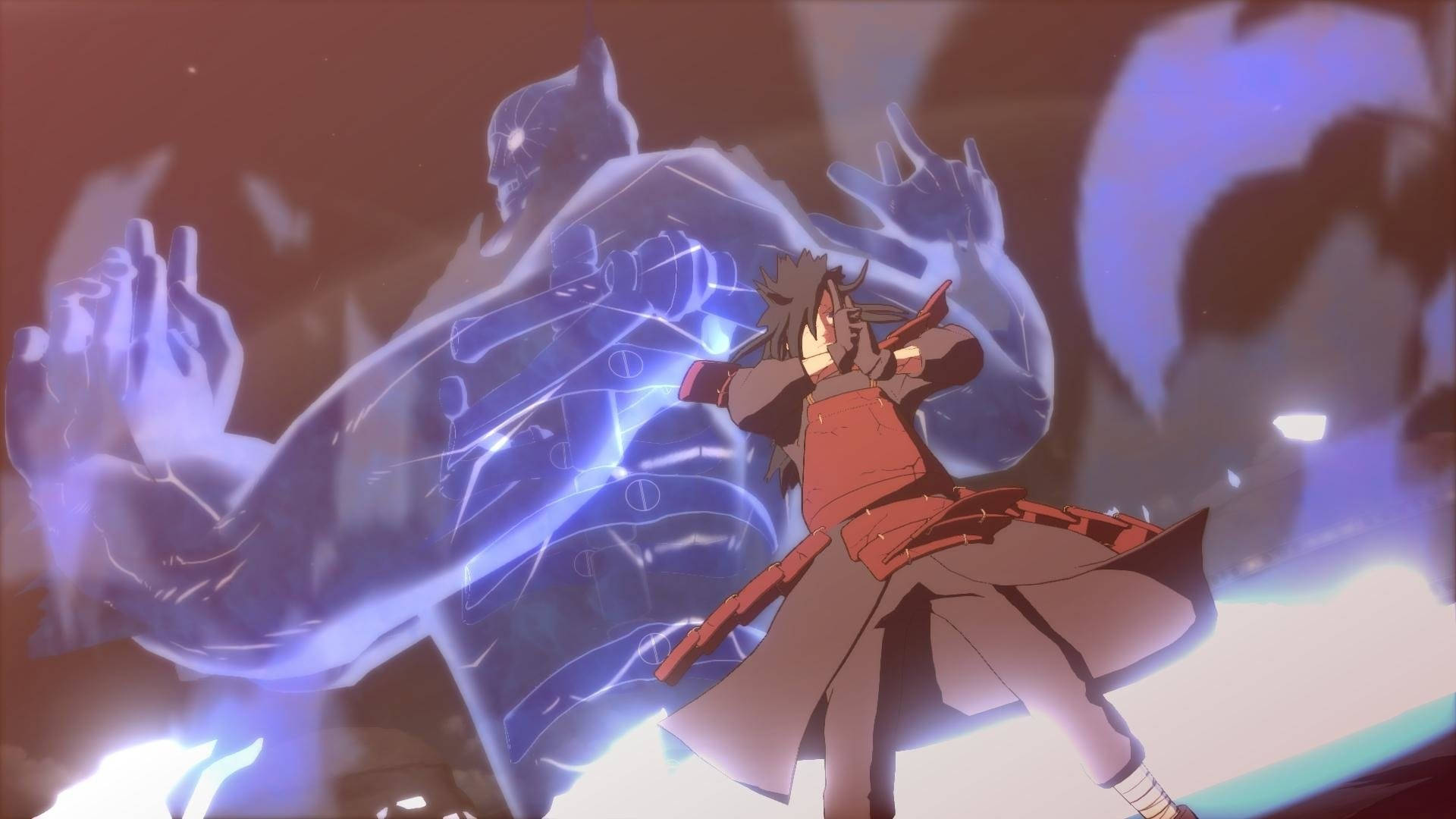 Susanoo 桌布 壁紙 — 一位身穿紅色斗篷的動漫戰士，在黑暗的天空下，將發光的藍色查克拉注入一個半透明的巨大影子中。