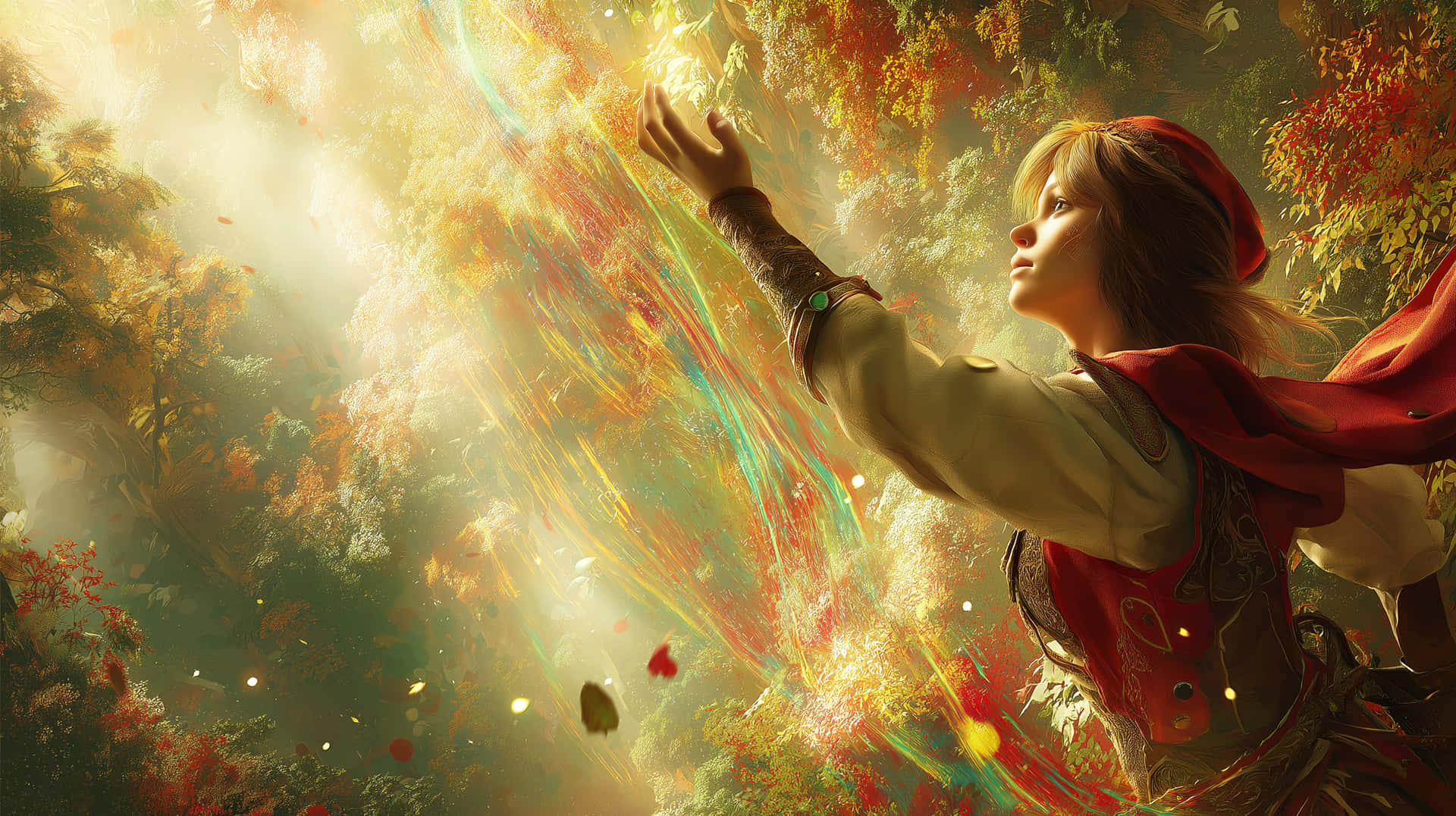 Enchanted Forest Spell 壁紙 — 一位身穿紅色斗篷的年輕冒險者向上伸手，充滿活力的魔法能量從他們手中爆發，穿過陽光明媚的秋日森林。