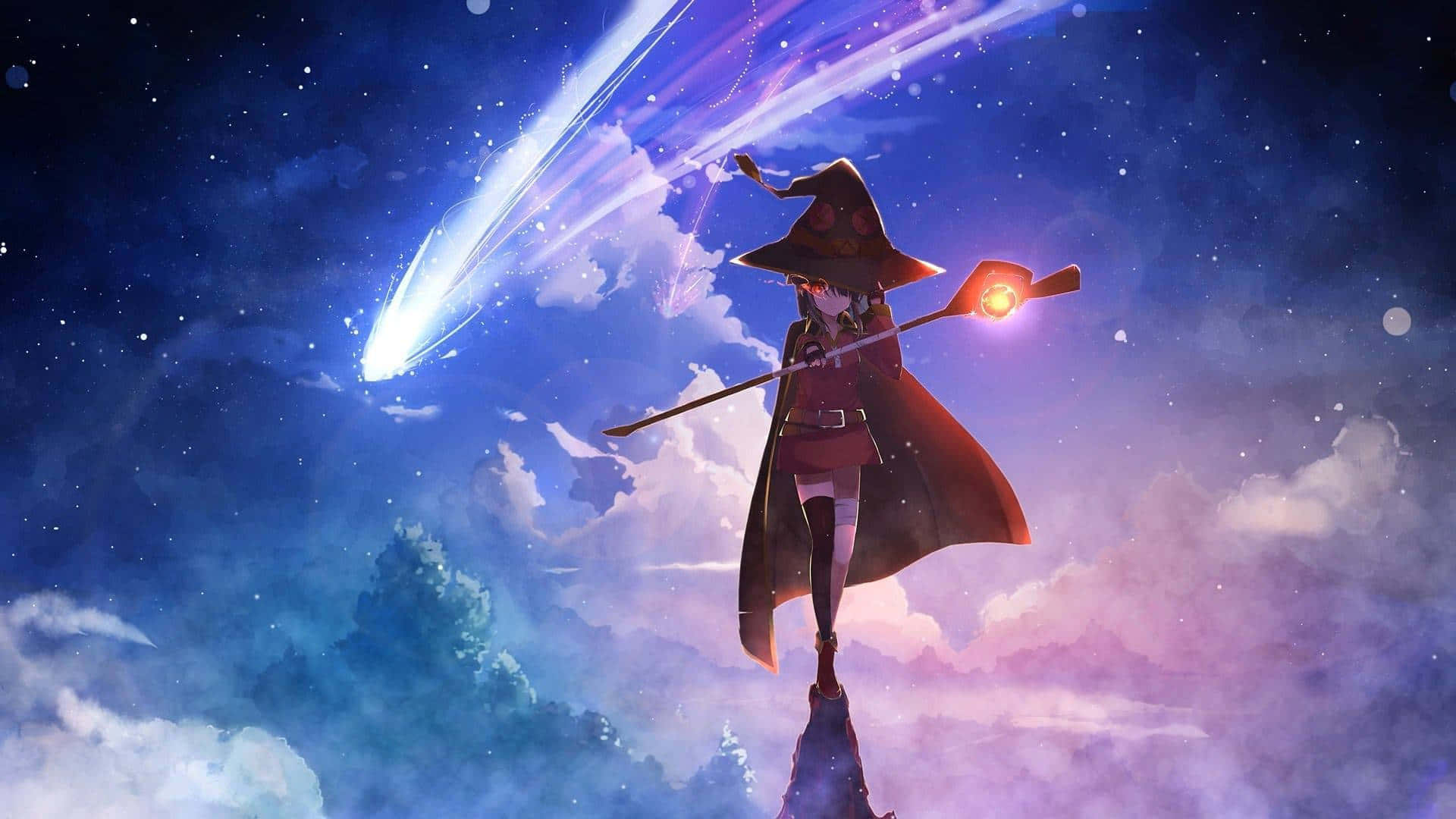 Konosuba God's Blessing On This Wonderful World 桌布 壁紙 — 一位身穿紅色斗篷的年輕女巫站在岩石上，施展發光的咒語，一顆明亮的彗星劃過星光閃爍的暮色天空。