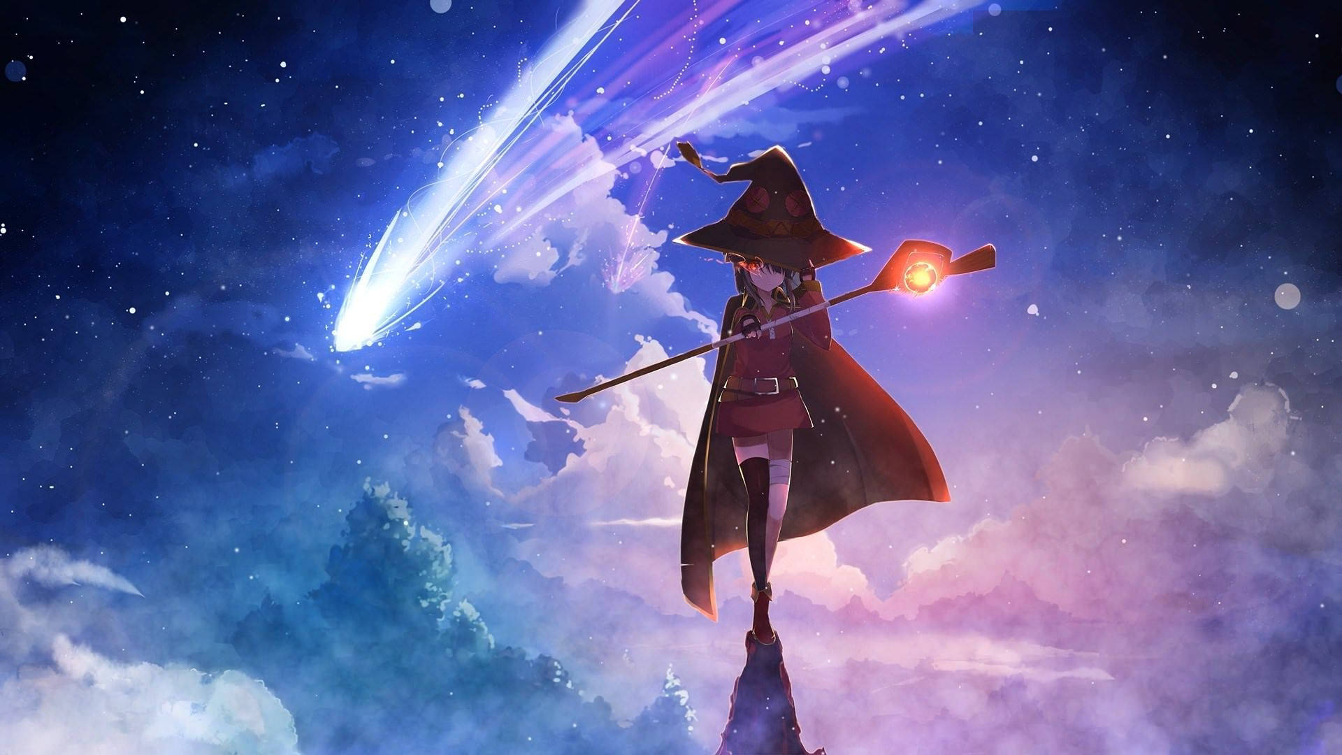 Megumin 桌布 壁紙 — 一位身穿紅色斗篷的年輕女巫站在星空下的岩石上，一顆發光的彗星掠過她的法杖。