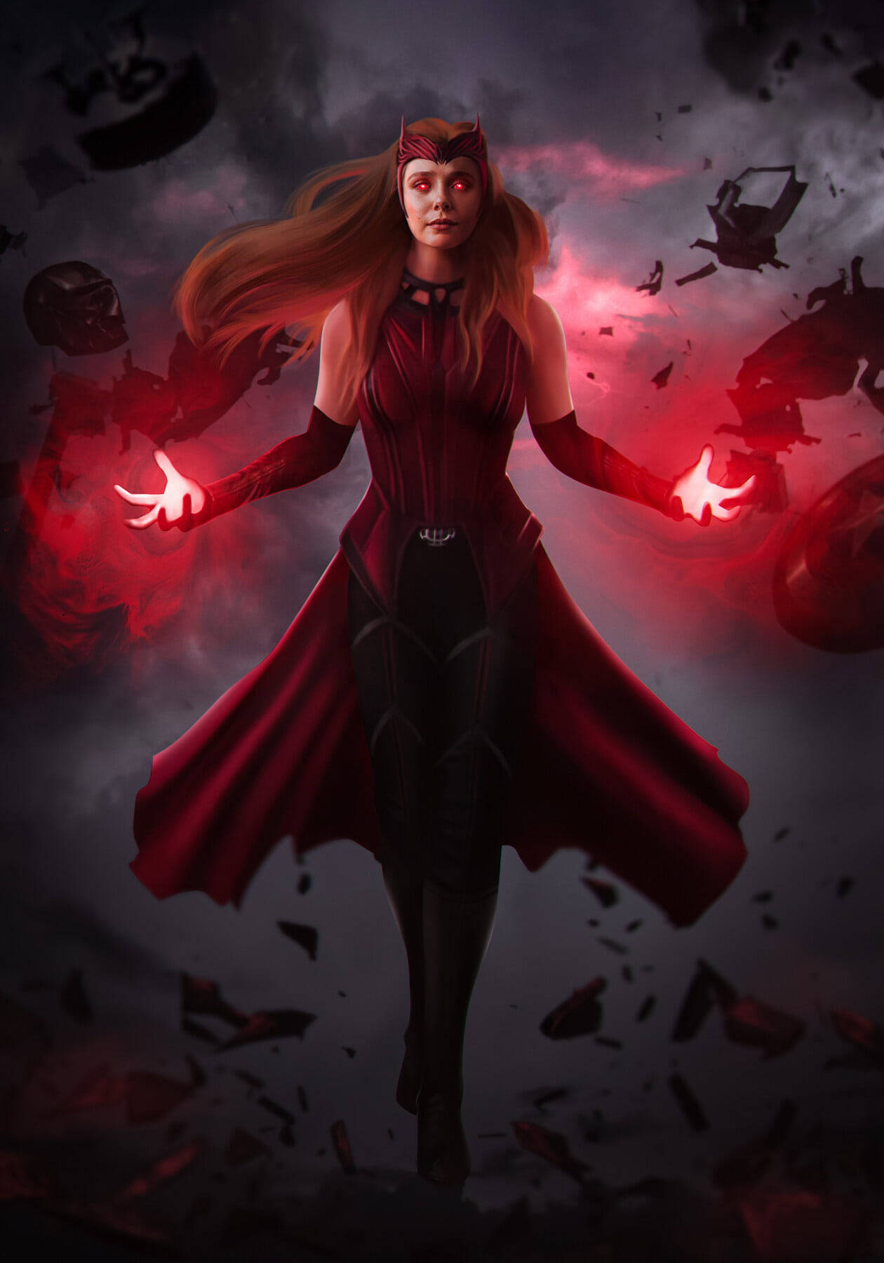 Scarlet Witch 桌布 壁紙 — 一位身穿紅色斗篷的強大女性在黑暗風暴的天空中引導深紅能量，碎片在她周圍飛舞。