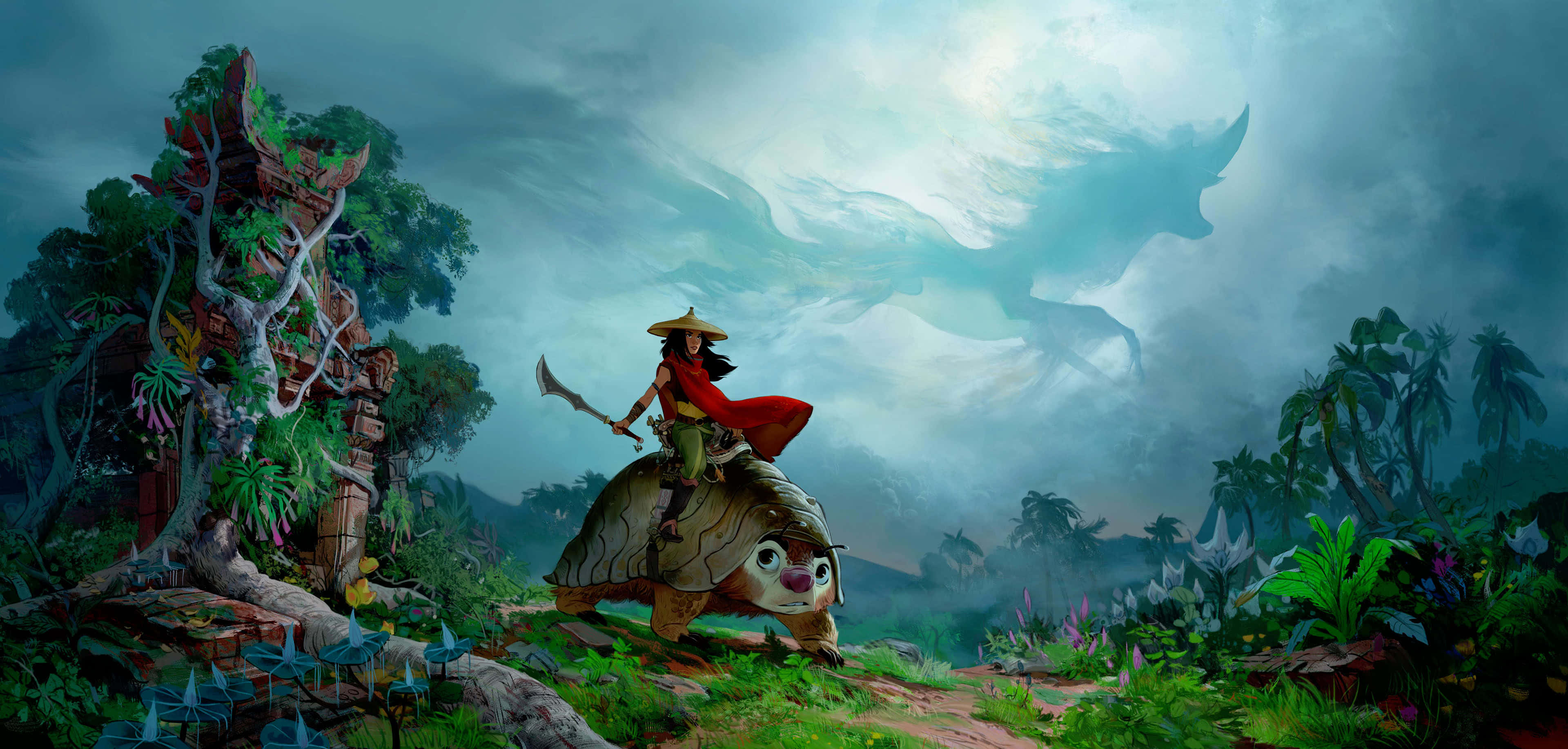 Animation Movies 桌布 壁紙 — 一位身穿紅色斗篷的戰士騎著一隻巨龜，穿越迷霧籠罩的叢林，叢林中有古老遺跡，還有一條巨龍在雲霧繚繞的天空中翱翔。