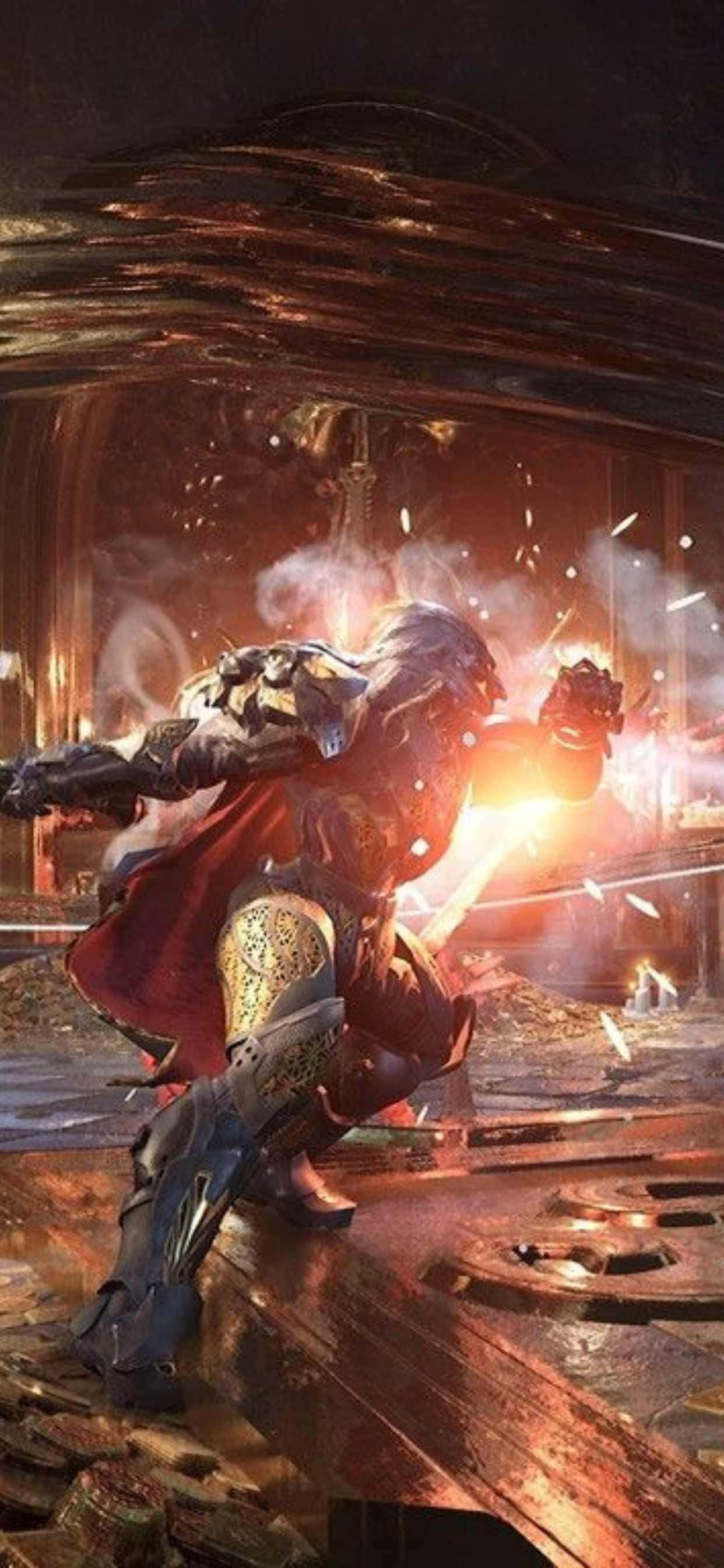 電玩遊戲 桌布 壁紙 — 一位身穿紅色斗篷的裝甲戰士，在火花四濺和金屬碎片中揮舞著發光的武器。