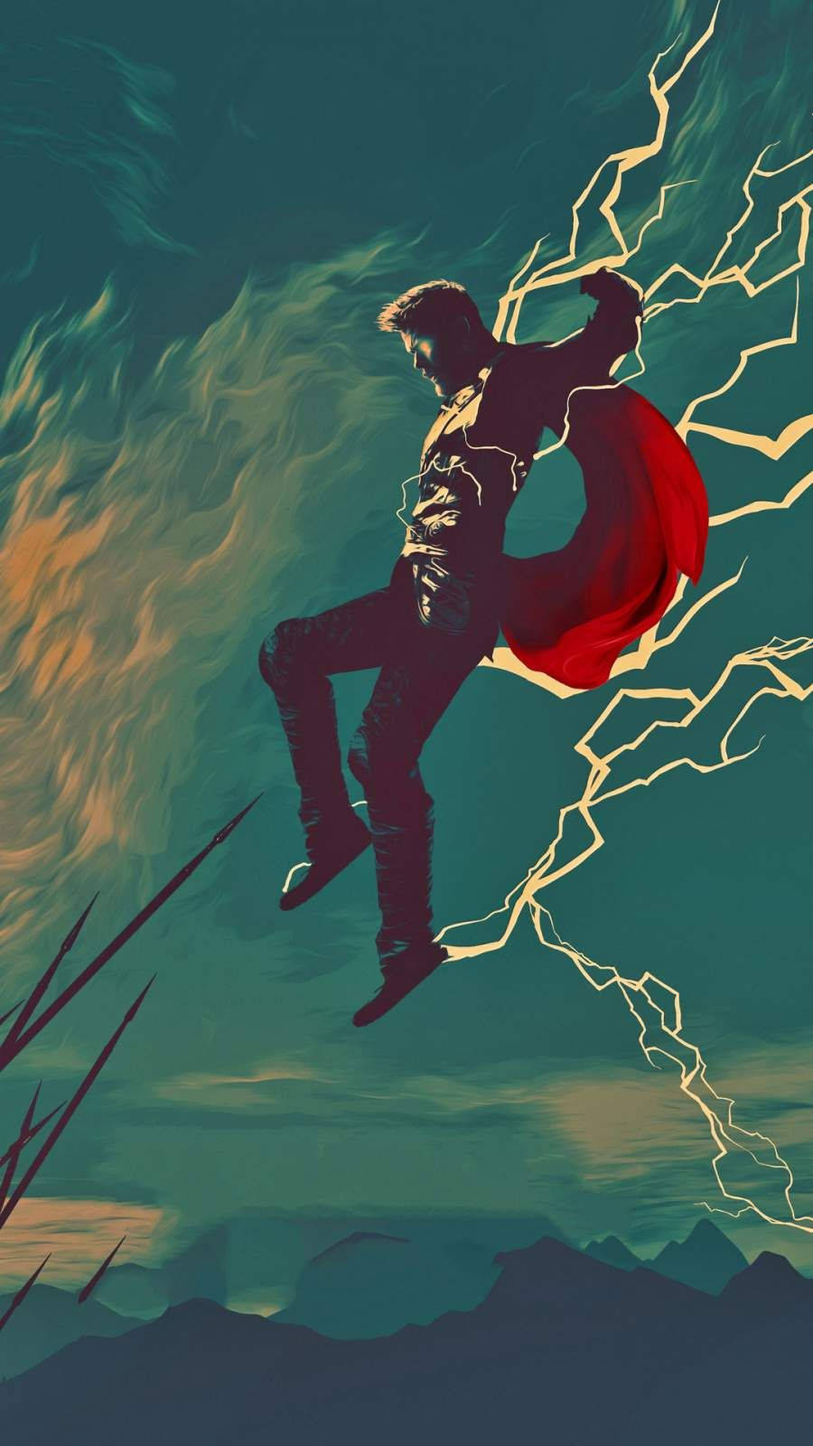 索爾 桌布 壁紙 — 一位身穿紅色斗篷的超級英雄在暴風雨中翱翔，金色閃電在他周圍劈啪作響。