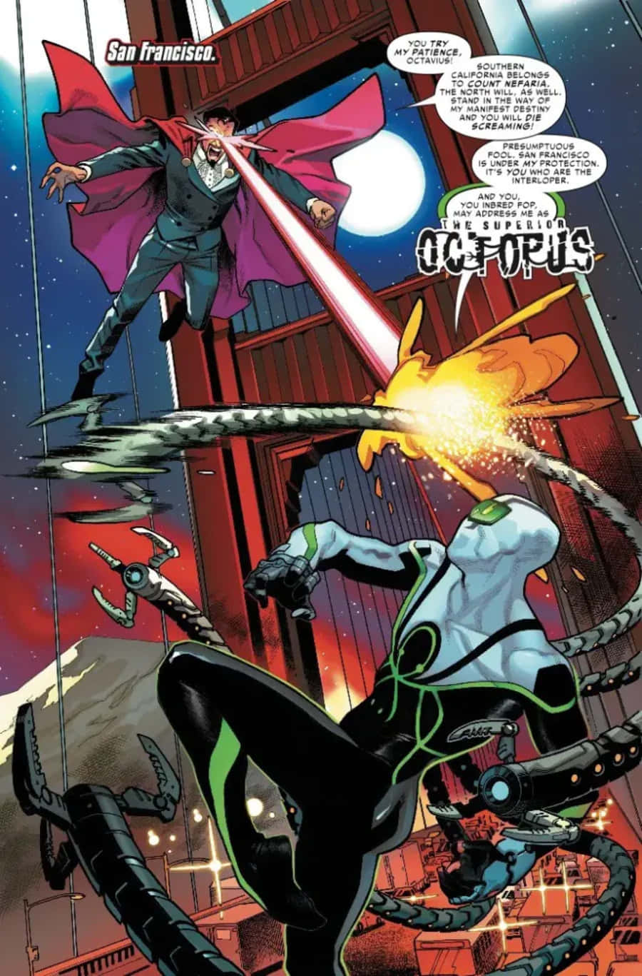 Spider-geddon 桌布 壁紙 — 一位身穿紅色斗篷的超級英雄在火海般的城市景觀中向一個擁有機械觸手的反派發射雷射光束。