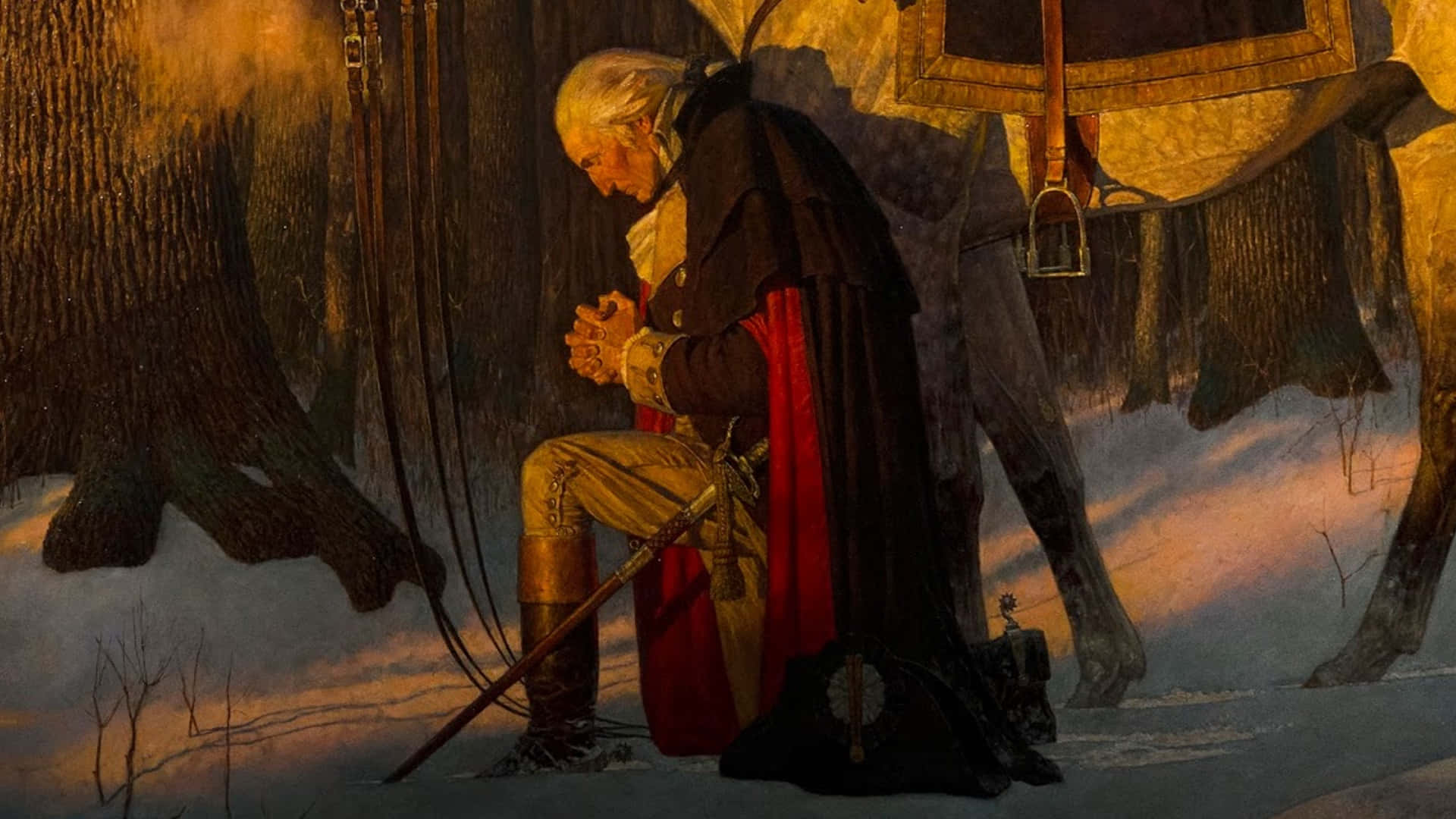 George Washington 桌布 壁紙 — 一位身穿紅色斗篷的長者跪在雪地上，旁邊有一匹馬，沐浴在溫暖的金色光芒中。
