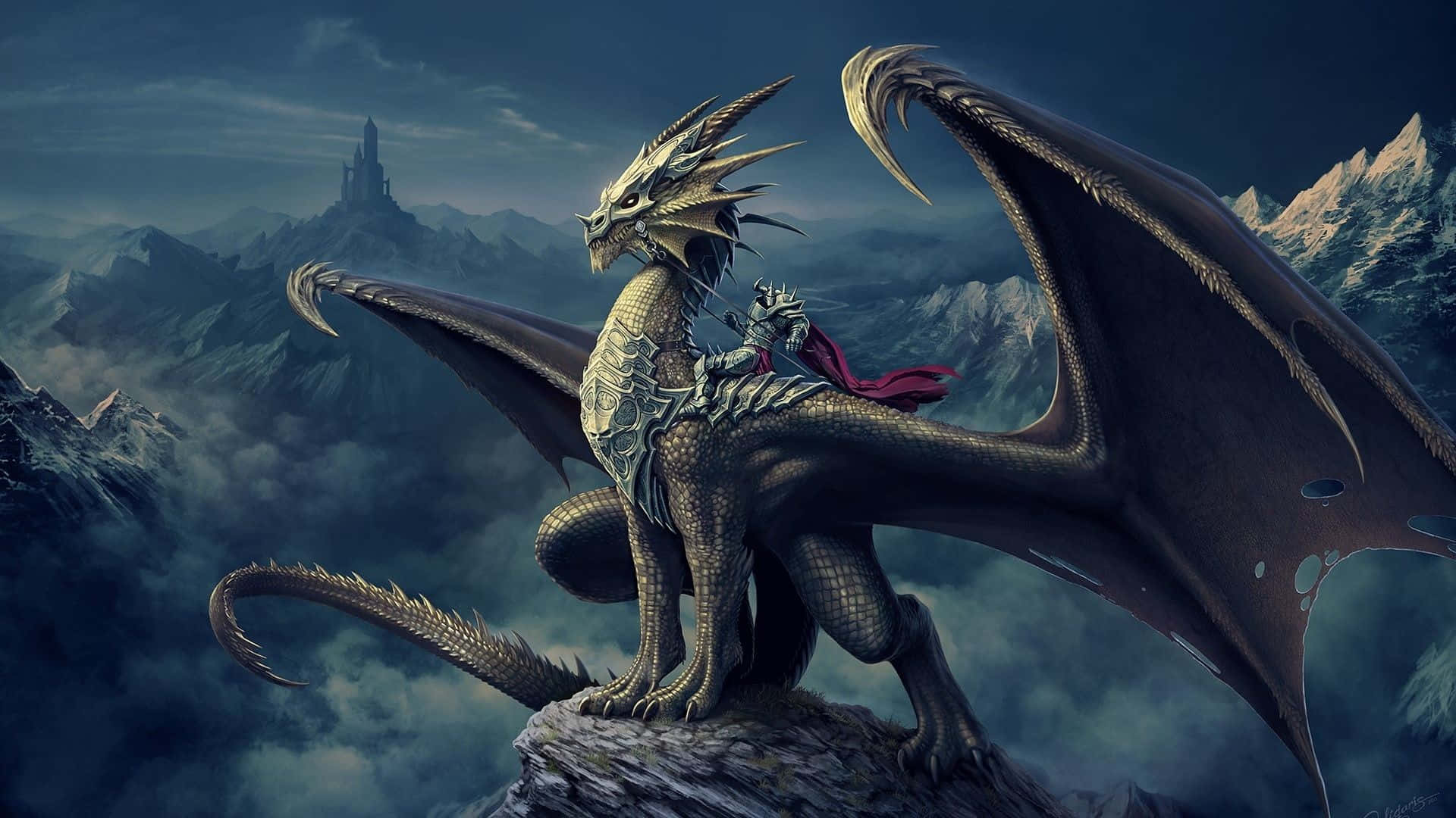 Epic Dragon 桌布 壁紙 — 一位身穿紅色斗篷的騎士騎著一頭雄偉的金龍，棲息在白雪皚皚的山頂上，俯瞰著遠處的城堡。