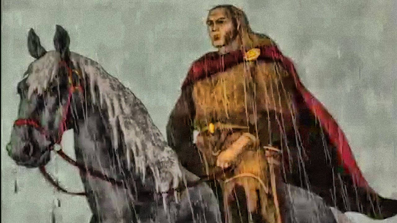 Cartoon 桌布 壁紙 — 一位身穿紅色斗篷的騎士騎著灰色馬匹在暴雨中前行，表情堅定。