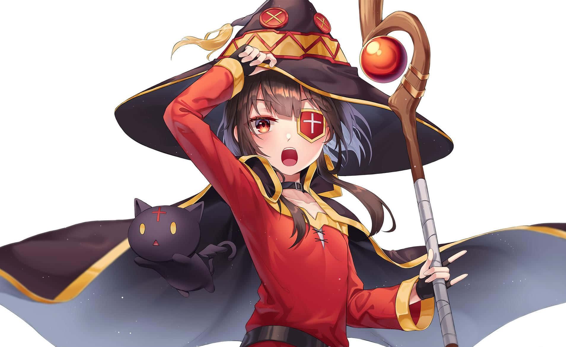 Konosuba God's Blessing On This Wonderful World 桌布 壁紙 — 一位身穿紅色服裝、戴著寬邊帽的開朗動畫女巫手持發光法杖，一隻帶有十字架的小黑貓棲息在她的斗篷上。