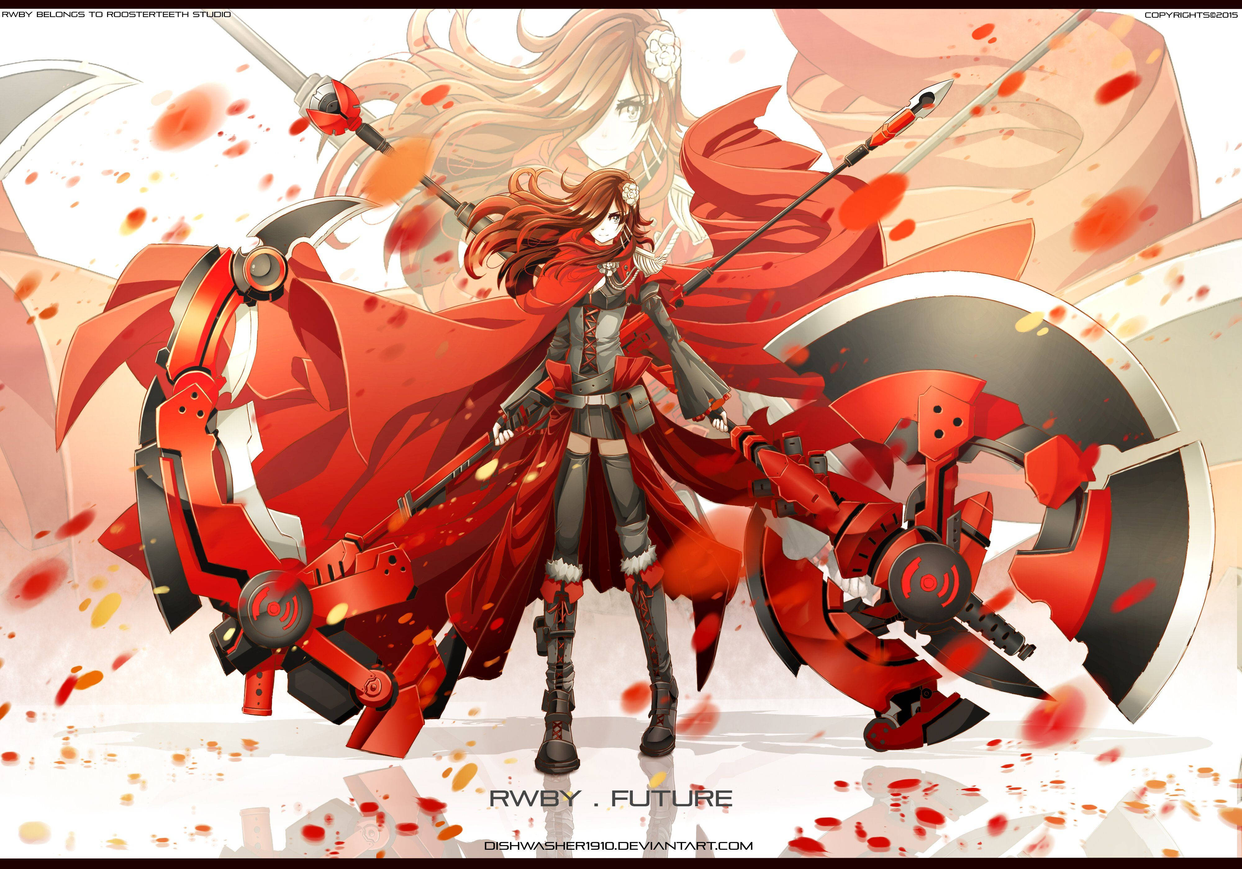 Rwby 桌布 壁紙 — 一位身穿紅色服裝、擁有機械四肢和飄逸頭髮的動漫戰士，在飛濺的深紅色效果中手持武器擺好姿勢。
