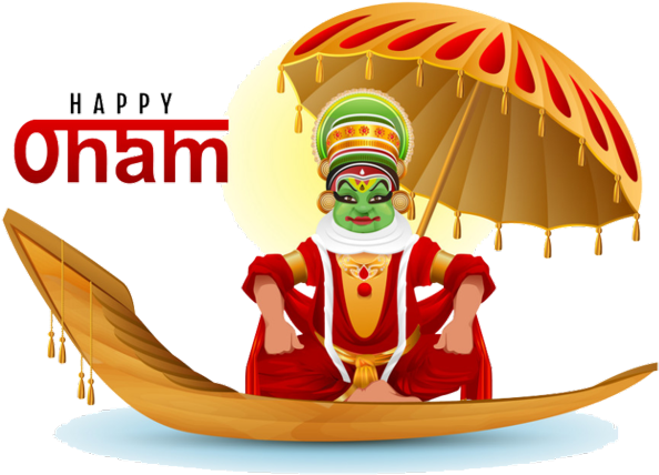 Onam 桌布 壁紙 — 一位身穿紅色服裝、臉部塗有綠色顏料的活力卡塔卡利舞者，在金色船上匹配的遮陽傘下威嚴地坐著。