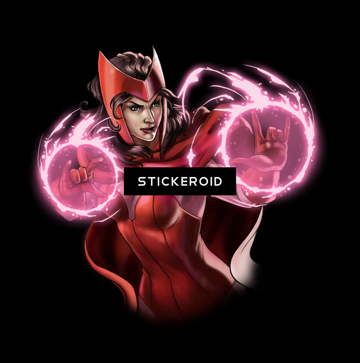 Scarlet Witch 桌布 壁紙 — 一位身穿紅色服裝的兇猛女超級英雄在黑色背景下從手中釋放出發光的粉紅色能量球。