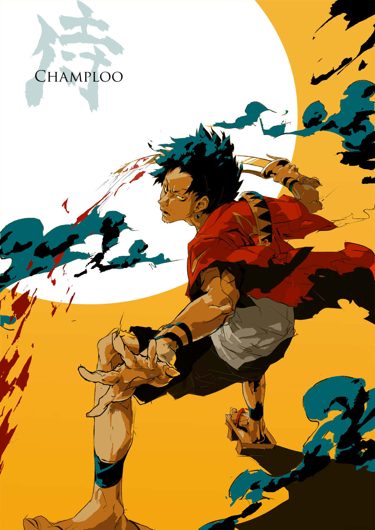 Samurai Champloo 桌布 壁紙 — 一位身穿紅色服裝的動態動漫戰士，拔劍向前躍進，背景為大膽的黃色和藍綠色。