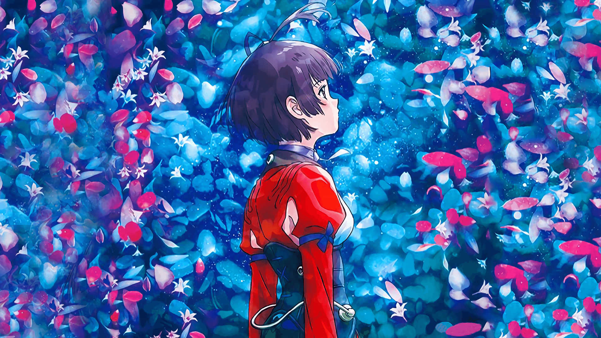 Kabaneri Of The Iron Fortress 桌布 壁紙 — 一位身穿紅色服裝的年輕動漫女孩，站在閃爍藍色和粉紅色花瓣的魔法旋風中。