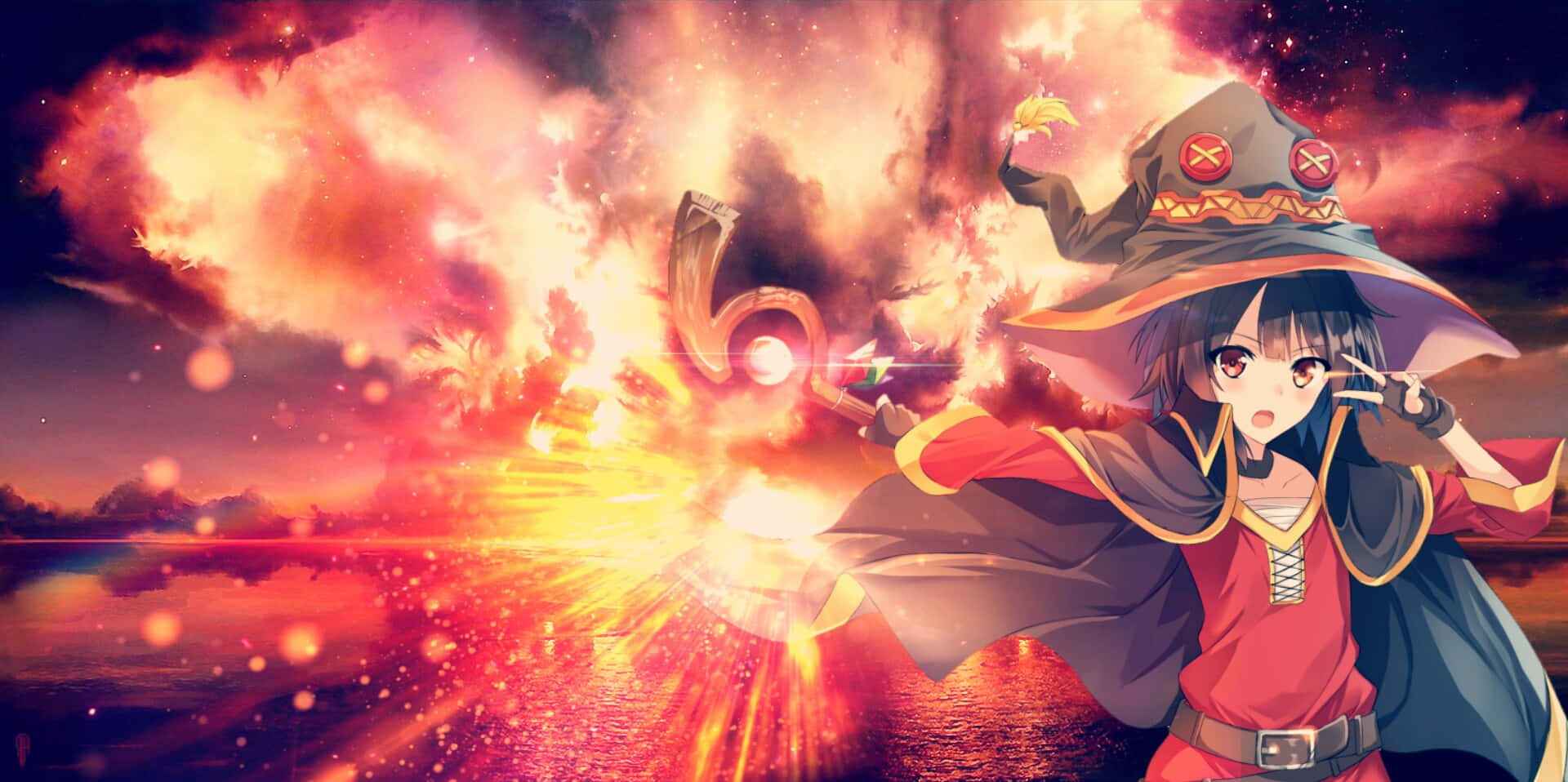 Konosuba 桌布 壁紙 — 一位身穿紅色服裝的年輕女巫在戲劇性的日落天空下，對發光的海洋施展火焰咒語。