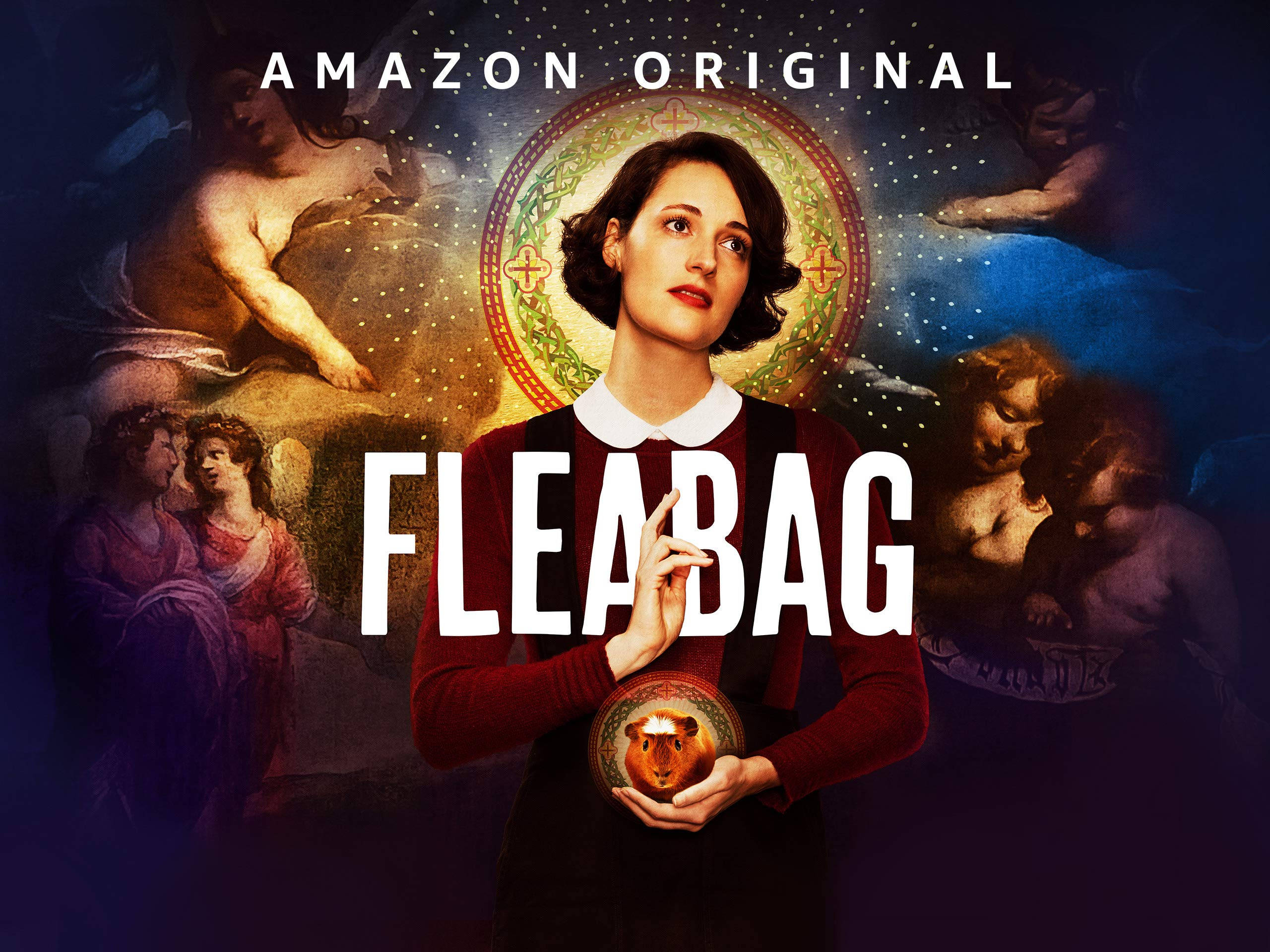 Fleabag 桌布 壁紙 — 一位身穿紅色毛衣的女性，在戲劇性的電影構圖中，被古典天使形象包圍，手持一個裝有天竺鼠的碗。