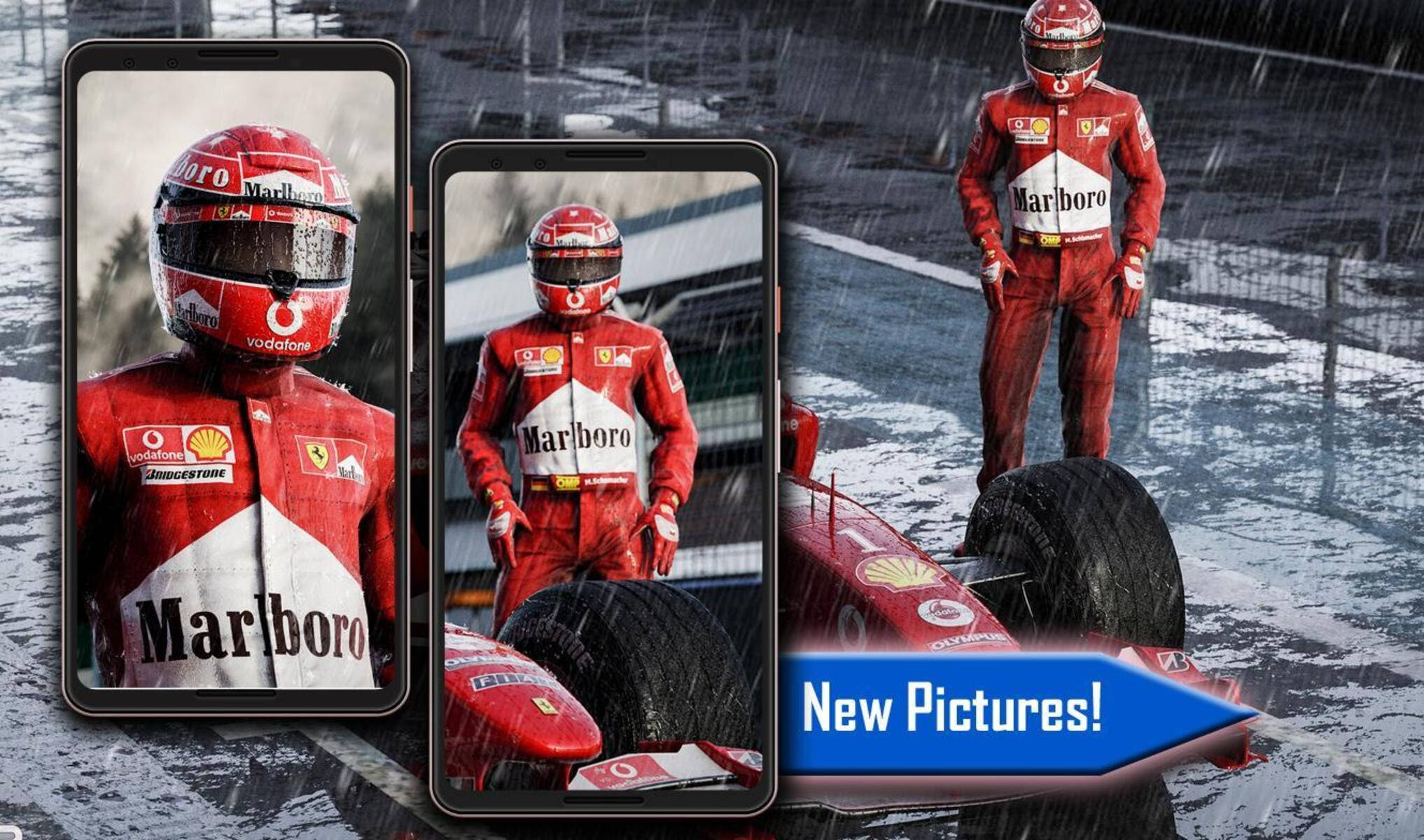 Michael Schumacher 桌布 壁紙 — 一位身穿紅色法拉利裝備的F1車手站在他濕透的賽車旁，在傾盆大雨中，手機螢幕顯示他的圖像。