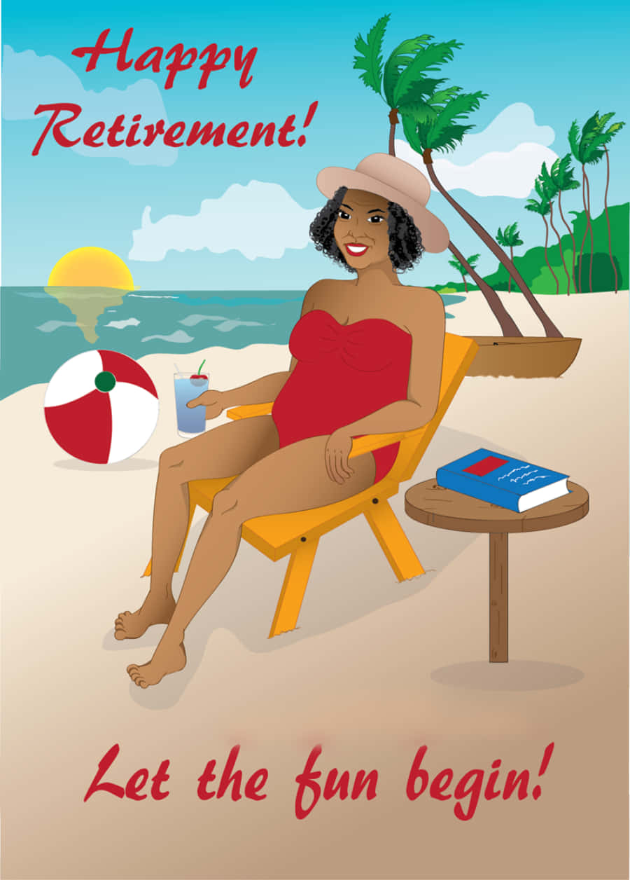 Retirement 桌布 壁紙 — 一位身穿紅色泳衣的微笑女士在日落時分的熱帶海洋旁的沙灘椅上放鬆，手持飲品，附近有沙灘球和書本。