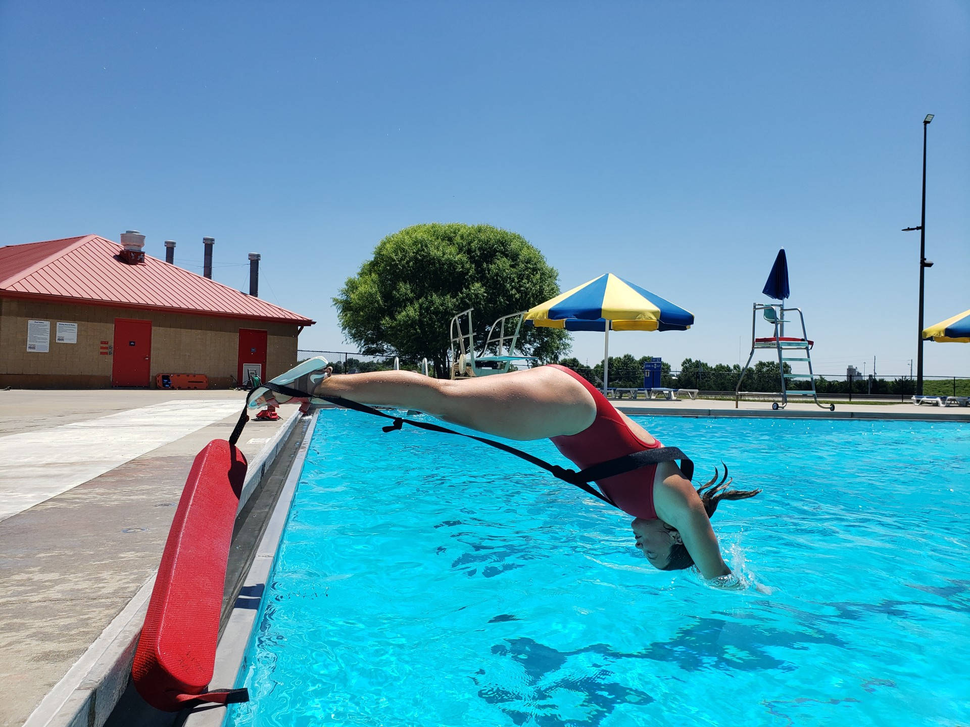 Swimming Pool 桌布 壁紙 — 一位身穿紅色泳衣的游泳者，在陽光明媚的日子裡，頭朝下跳入明亮的藍色泳池，背景是紅頂建築和綠樹。