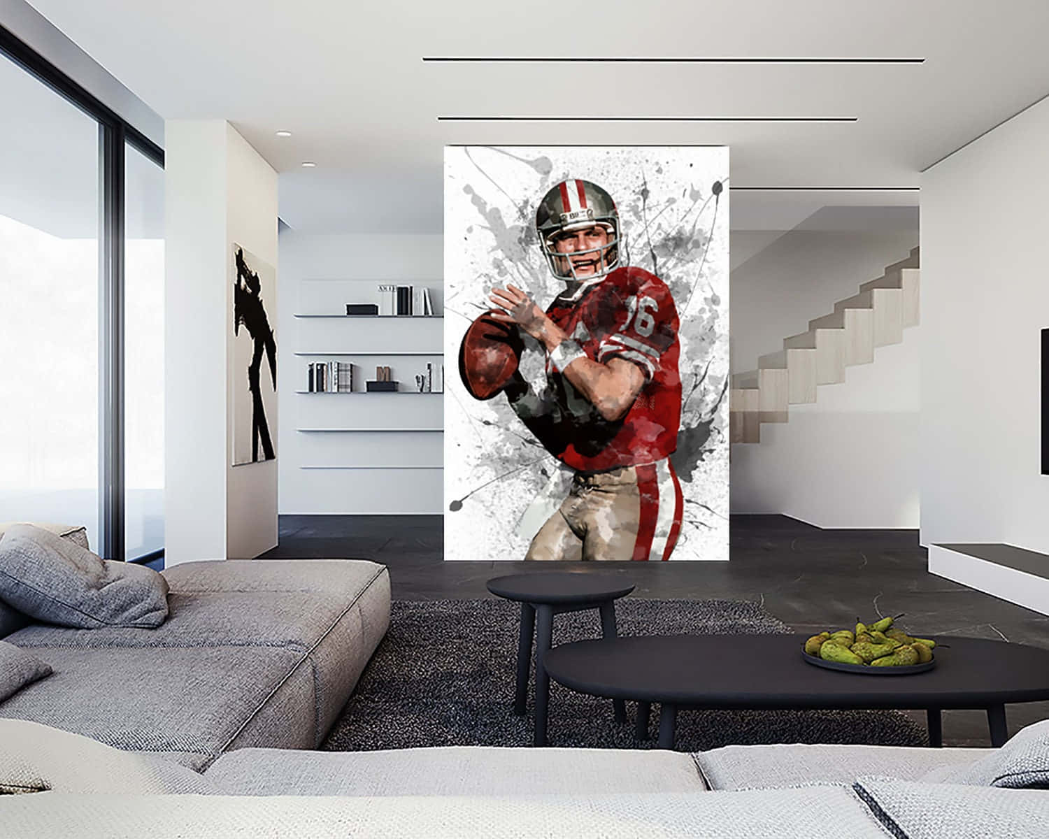 Joe Montana 桌布 壁紙 — 一位身穿紅色球衣、動態水彩風格的美式足球員正在投球，主導著現代簡約風格的客廳。