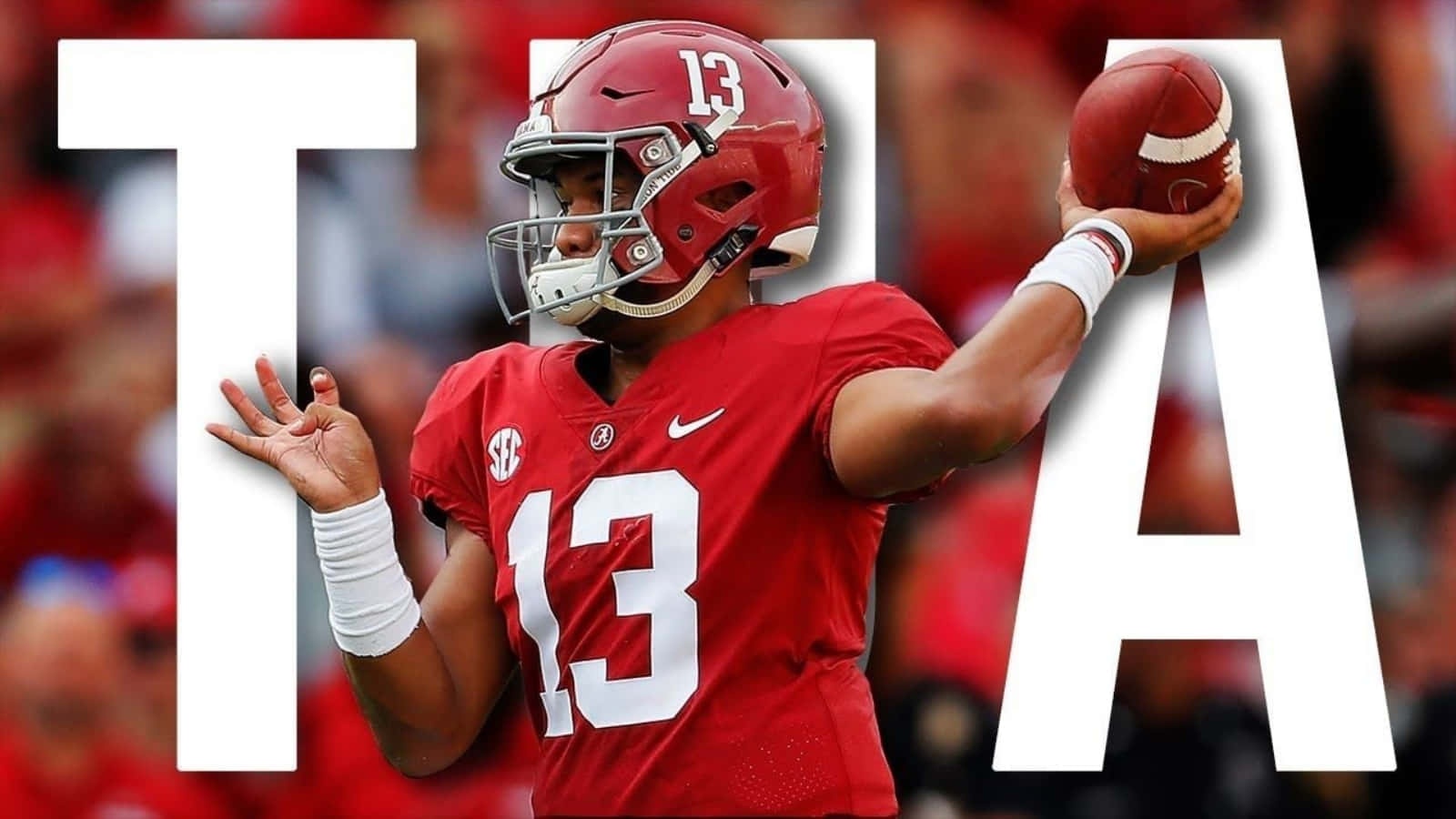 Tua Tagovailoa 桌布 壁紙 — 一位身穿紅色球衣13號的美式足球四分衛準備投球，大型白色字母「T」和「A」框住他。