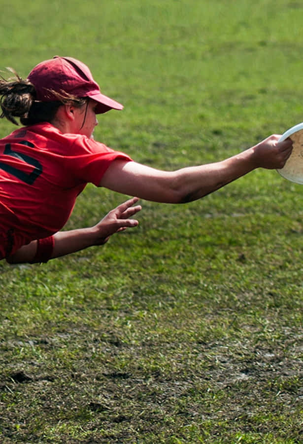 Athlete 桌布 壁紙 — 一位身穿紅色球衣的女運動員在草地上飛身撲接空中白色飛盤。