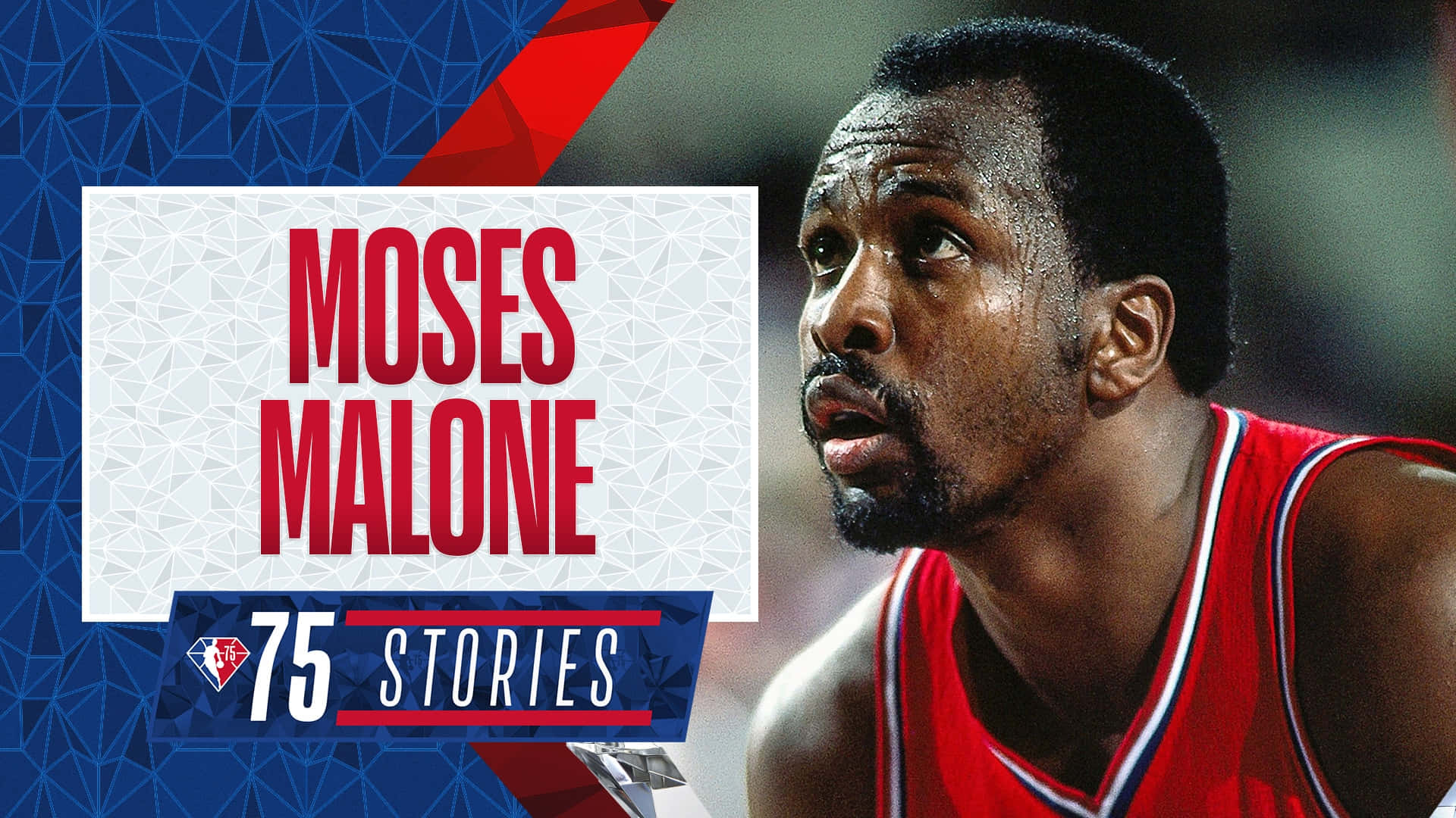 籃球傳奇Moses Malone身穿紅色球衣的肖像，附有'75 Stories'圖形。 — Michael B Jordan 壁紙