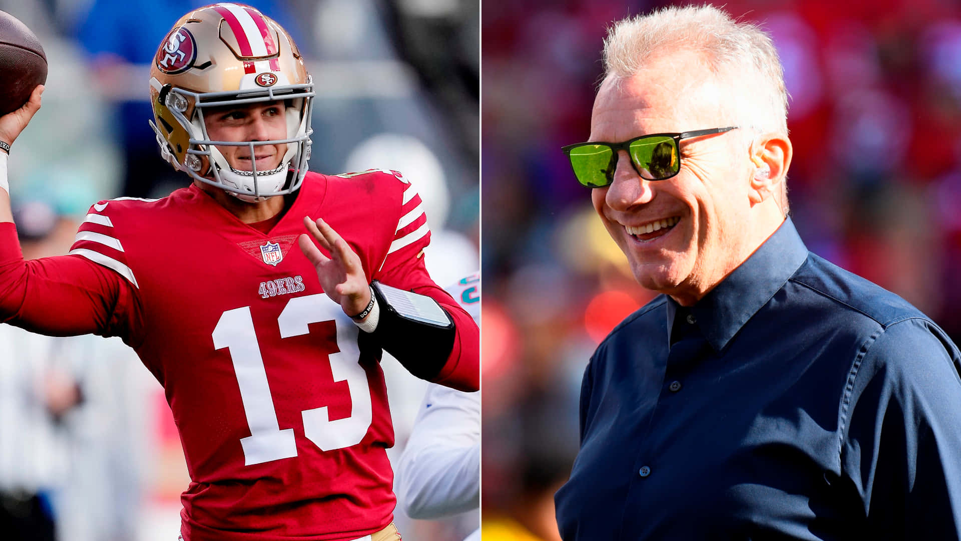 Joe Montana 桌布 壁紙 — 一位身穿紅色球衣的舊金山四九人四分衛準備投球，而一位戴著綠色太陽眼鏡的微笑教練在附近觀看。