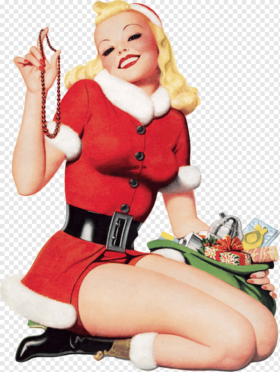 Betty Boop Christmas 桌布 壁紙 — 一位身穿紅色白邊服裝的復古海報女郎聖誕老人，跪著手持珠鏈和一盤禮物。