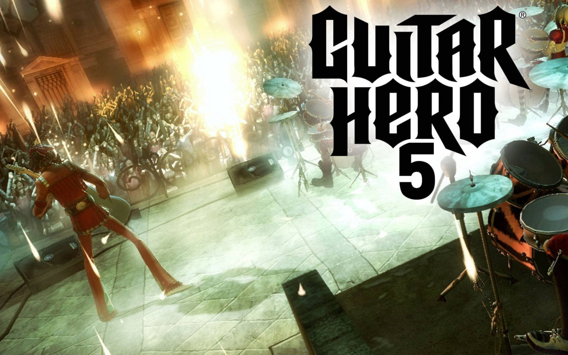 Guitar Hero 5遊戲封面，顯示一位吉他手在舞台上與人群一起表演。 — 吉他英雄 壁紙