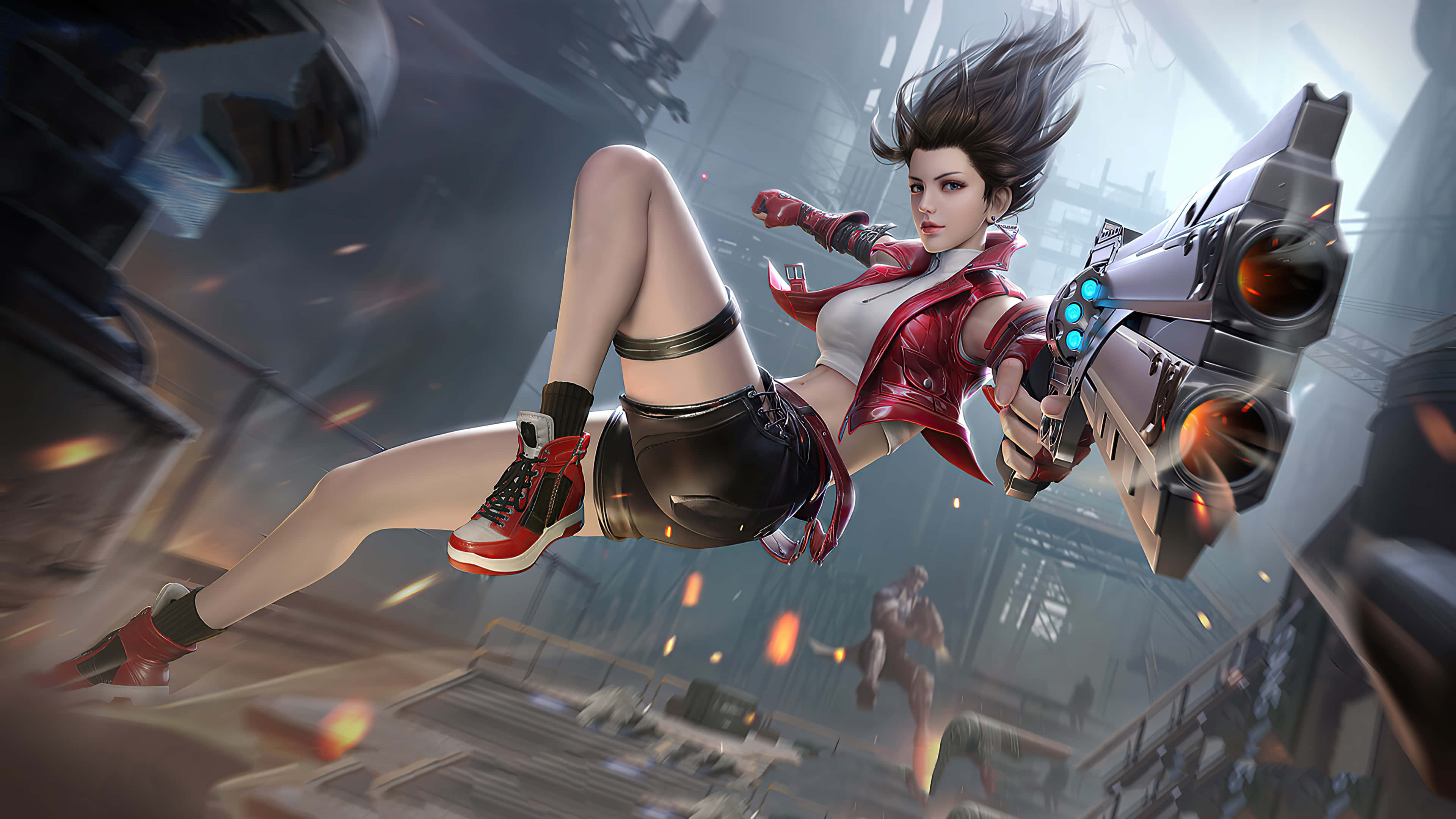 pubg 4K gaming 桌布 壁紙 — 一位身穿紅色皮衣的動感女戰士，手持發光能量武器，躍過破碎的未來城市景觀。