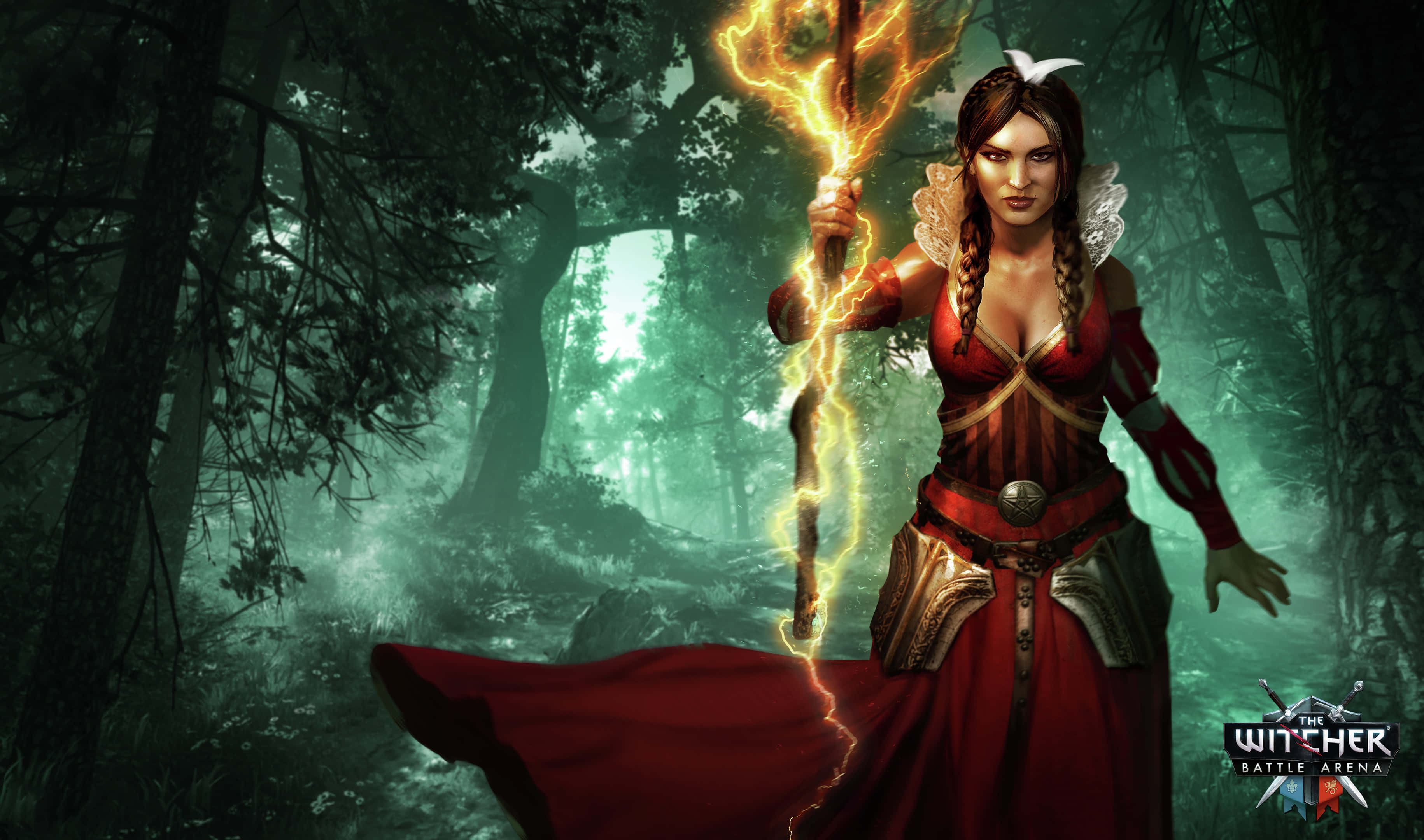 Moba Games 桌布 壁紙 — 一位身穿紅色盔甲的兇猛女巫在迷霧籠罩的黑暗森林中揮舞著劈啪作響的閃電法杖。