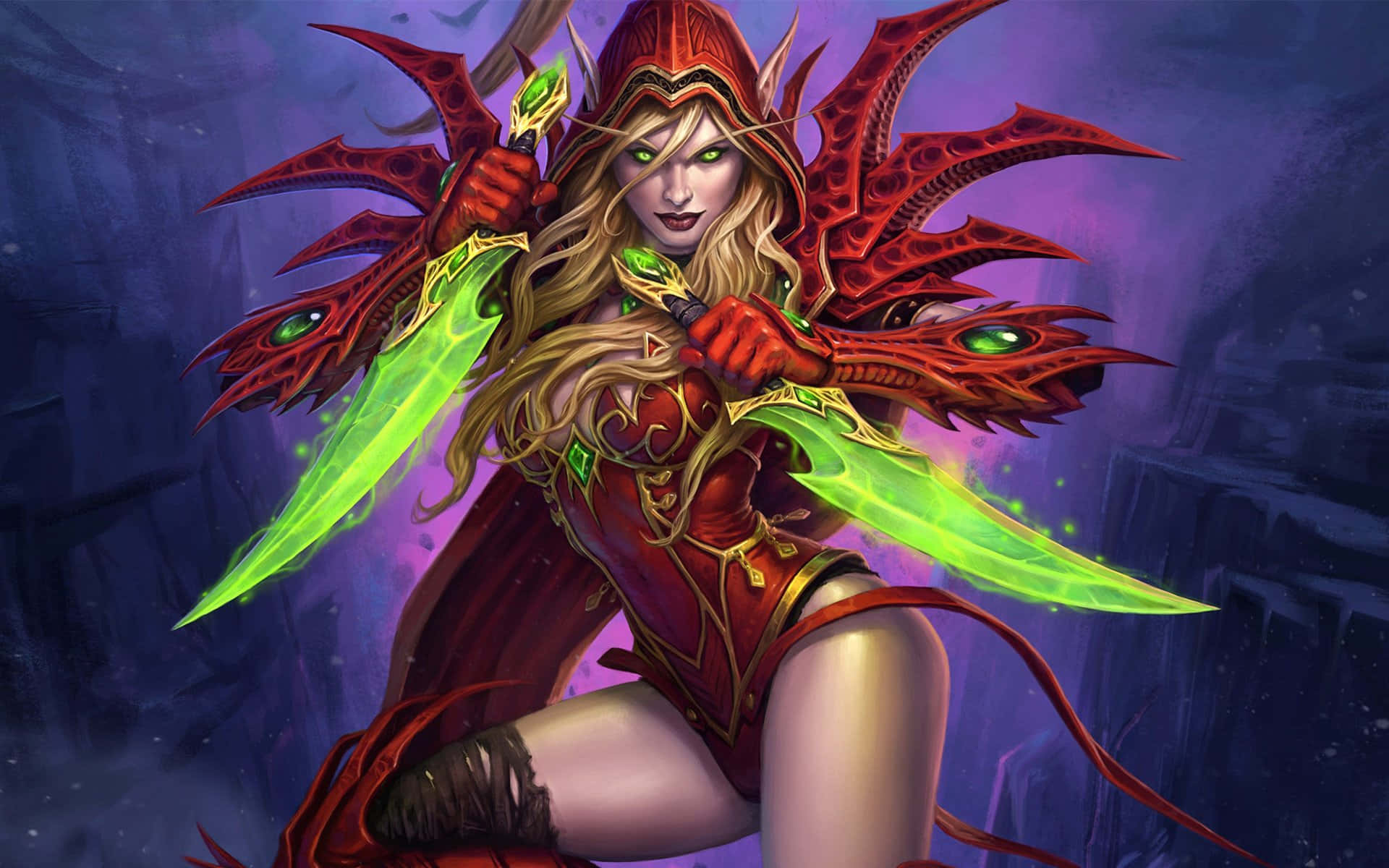character 桌布 壁紙 — 一位身穿紅色盔甲的兇猛惡魔獵人，手持發光的綠色刀刃，擁有華麗的翅膀，在深紫色廢墟背景下蓄勢待發。
