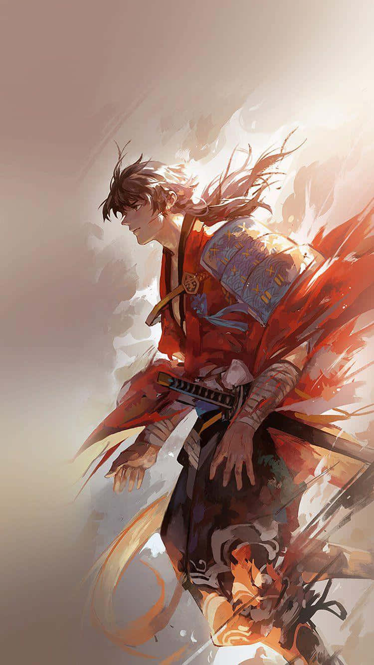 桌布 壁紙 — 一位身穿紅色盔甲的動感動漫武士戰士，拔劍向前躍進，背景柔和發光。