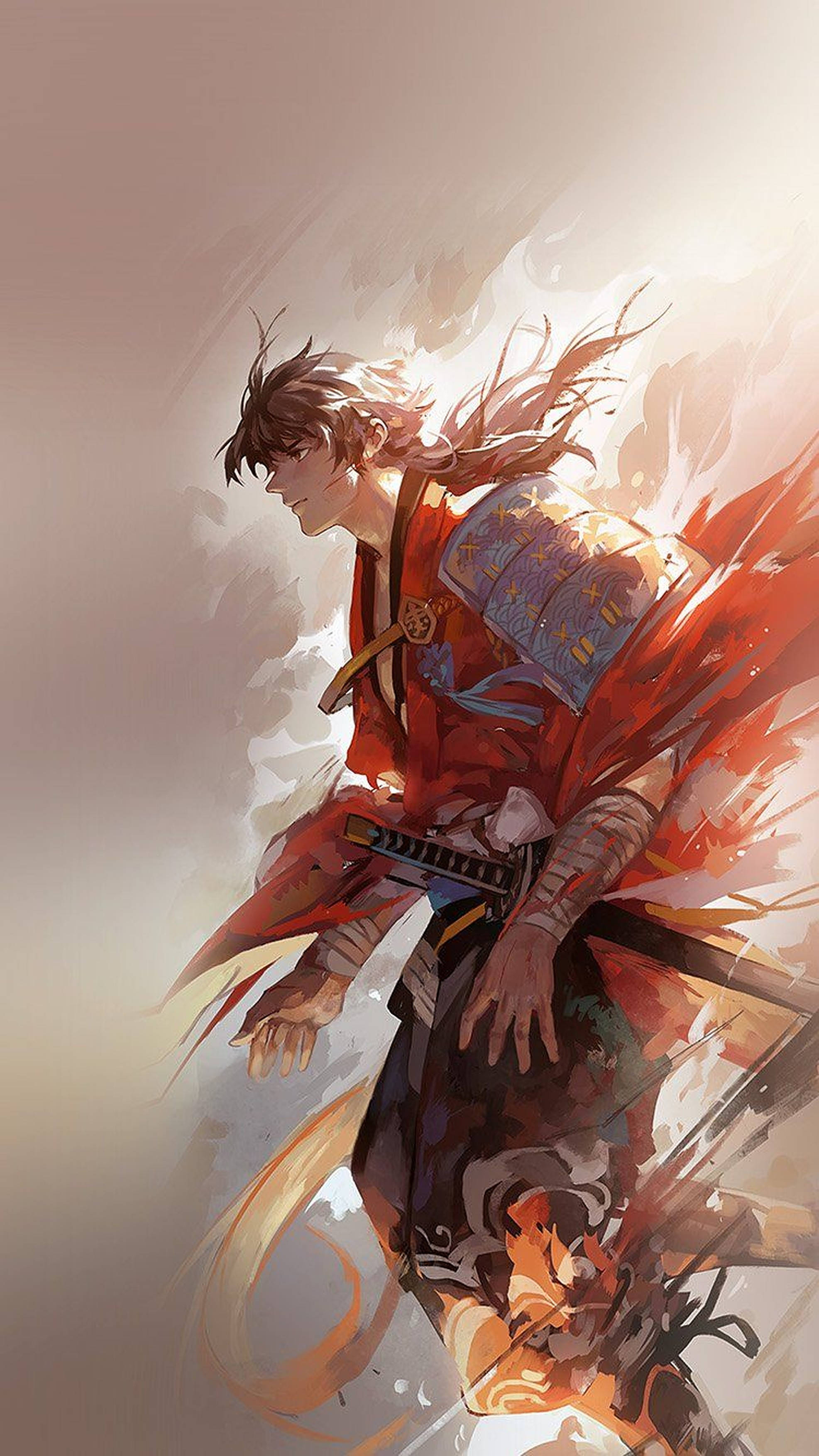動漫 iPhone 桌布 壁紙 — 一位身穿紅色盔甲的動態動漫武士戰士，頭髮飄逸，拔劍向前，背景柔和發光。
