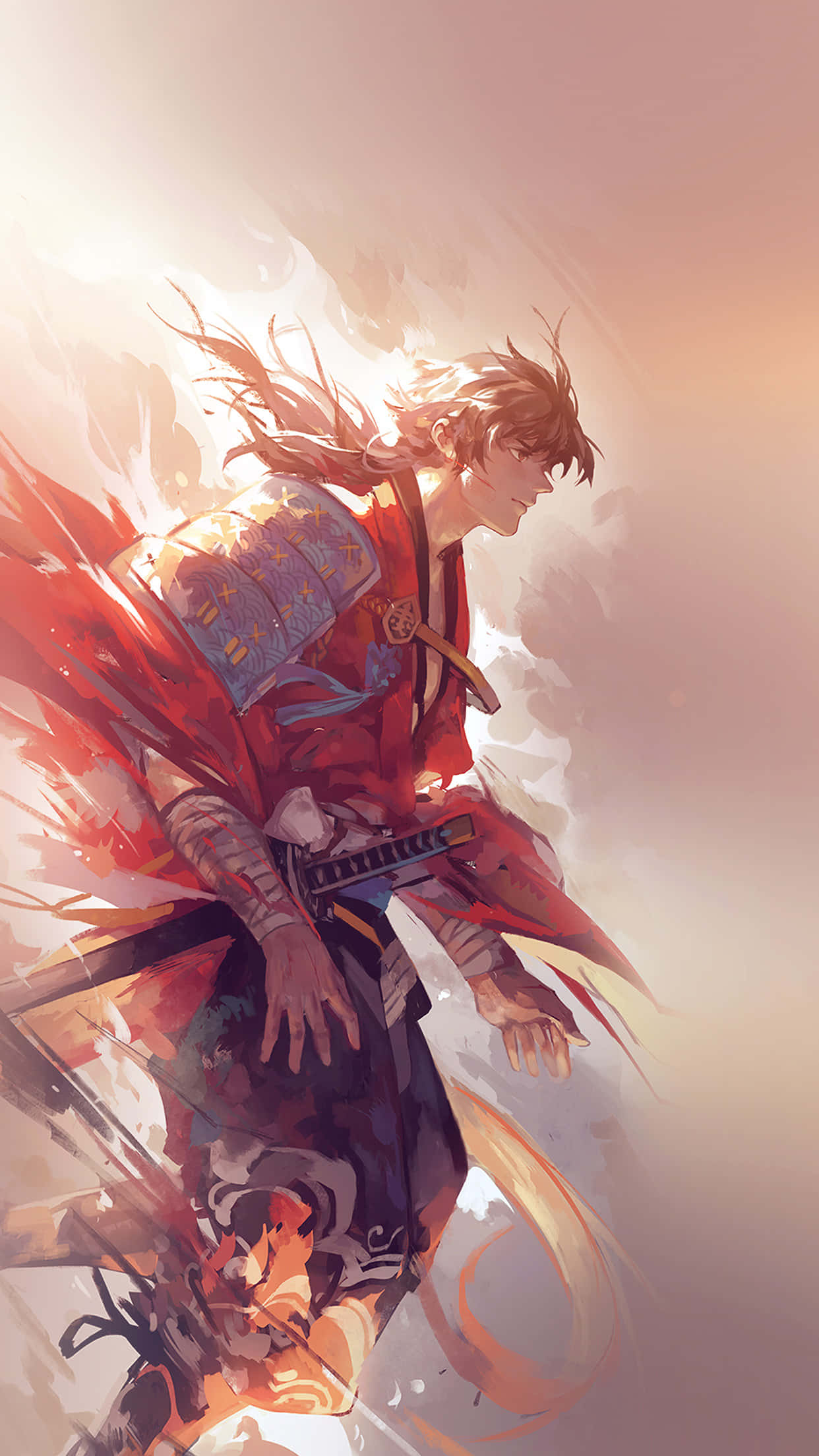 桌布 壁紙 — 一位身穿紅色盔甲的動態動漫武士戰士，在閃耀的日落背景下拔劍向前躍進。