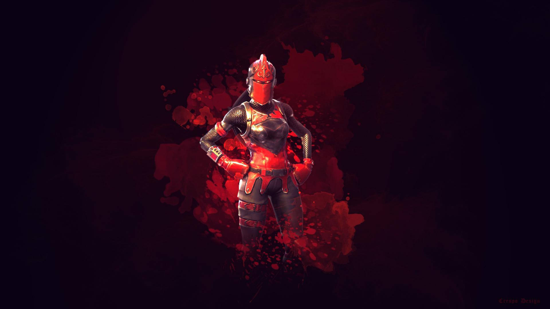 Fortnite Skins 桌布 壁紙 — 一位身穿紅色盔甲的戰士自信地站在一個黑暗的背景前，背景上濺滿了鮮豔的深紅色油漆般的效果。