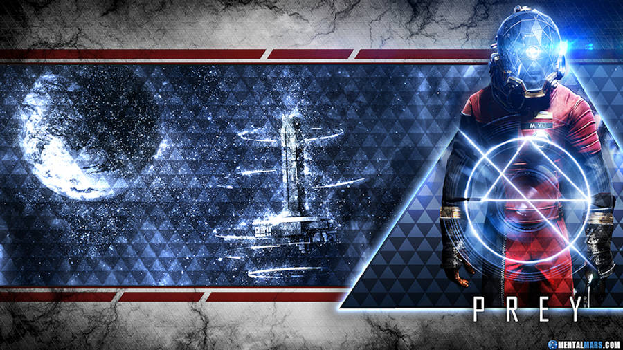 Prey 桌布 壁紙 — 一位身穿紅色盔甲的未來太空人站在發光的瞄準十字線前，背景是宇宙中的行星和太空站。