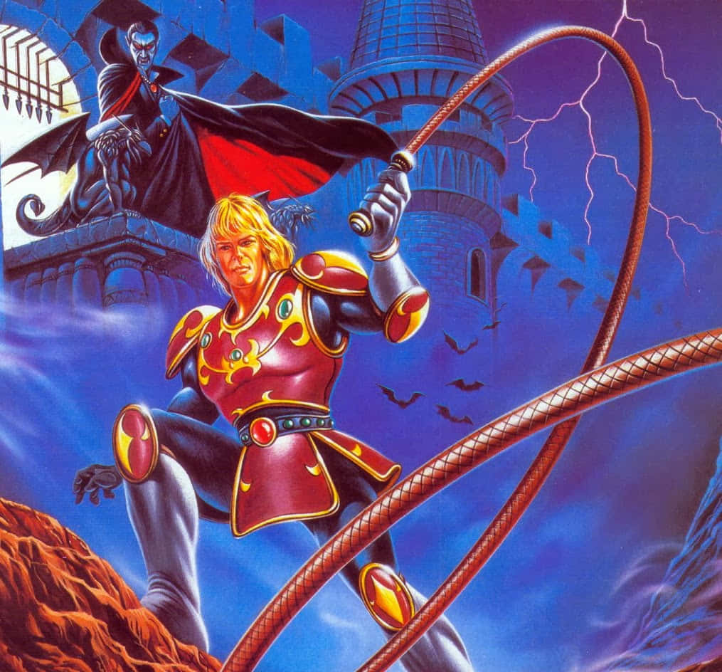 Castlevania 桌布 壁紙 — 一位身穿紅色盔甲的英勇騎士揮舞鞭子，對抗一座黑暗城堡，城堡中吸血鬼領主在暴風雨的天空下潛伏。