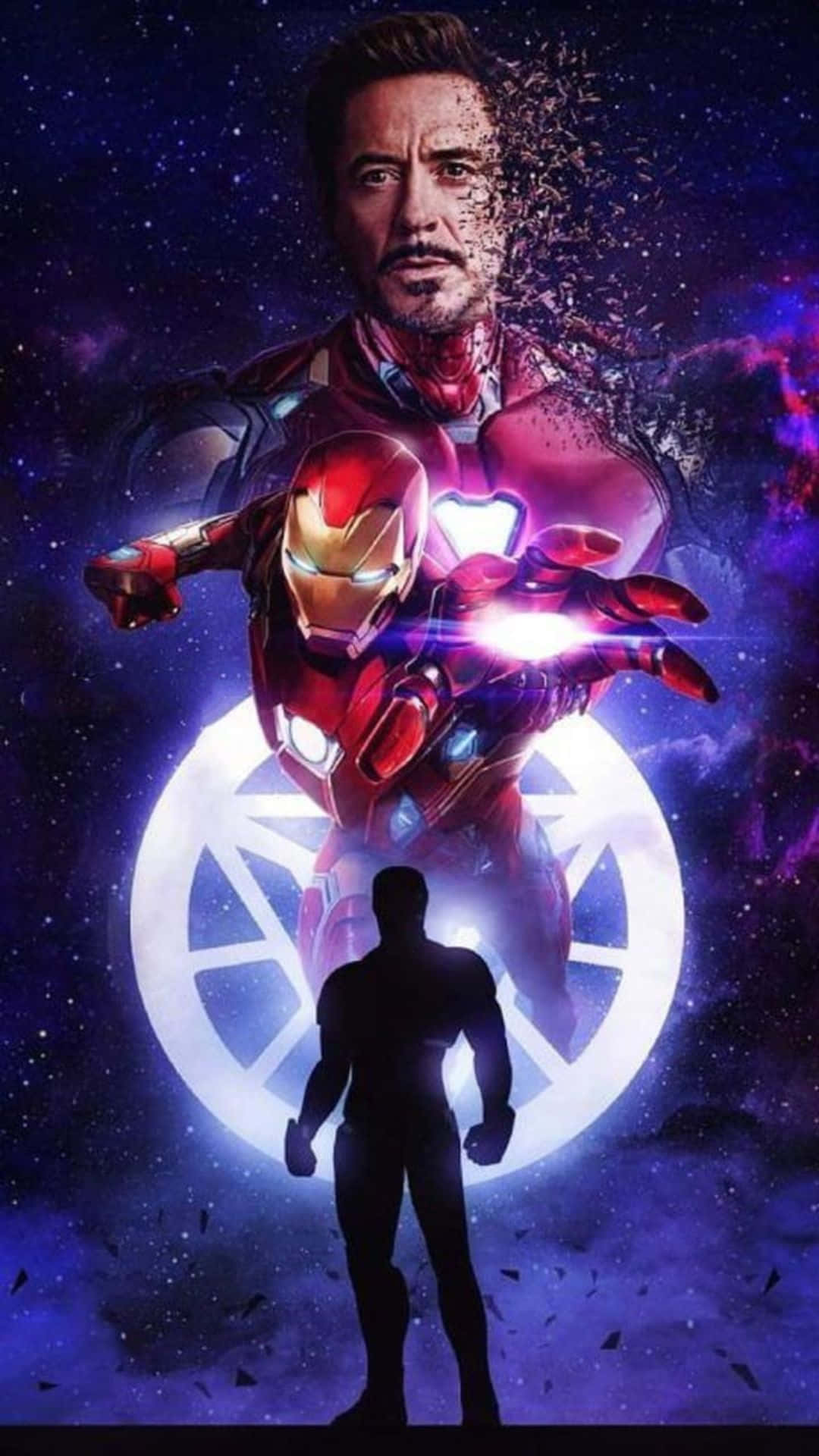 Android Iron Man 桌布 壁紙 — 一位身穿紅色盔甲的超級英雄懸浮在發光符號前，背後一個男人的臉逐漸消散成宇宙粒子。