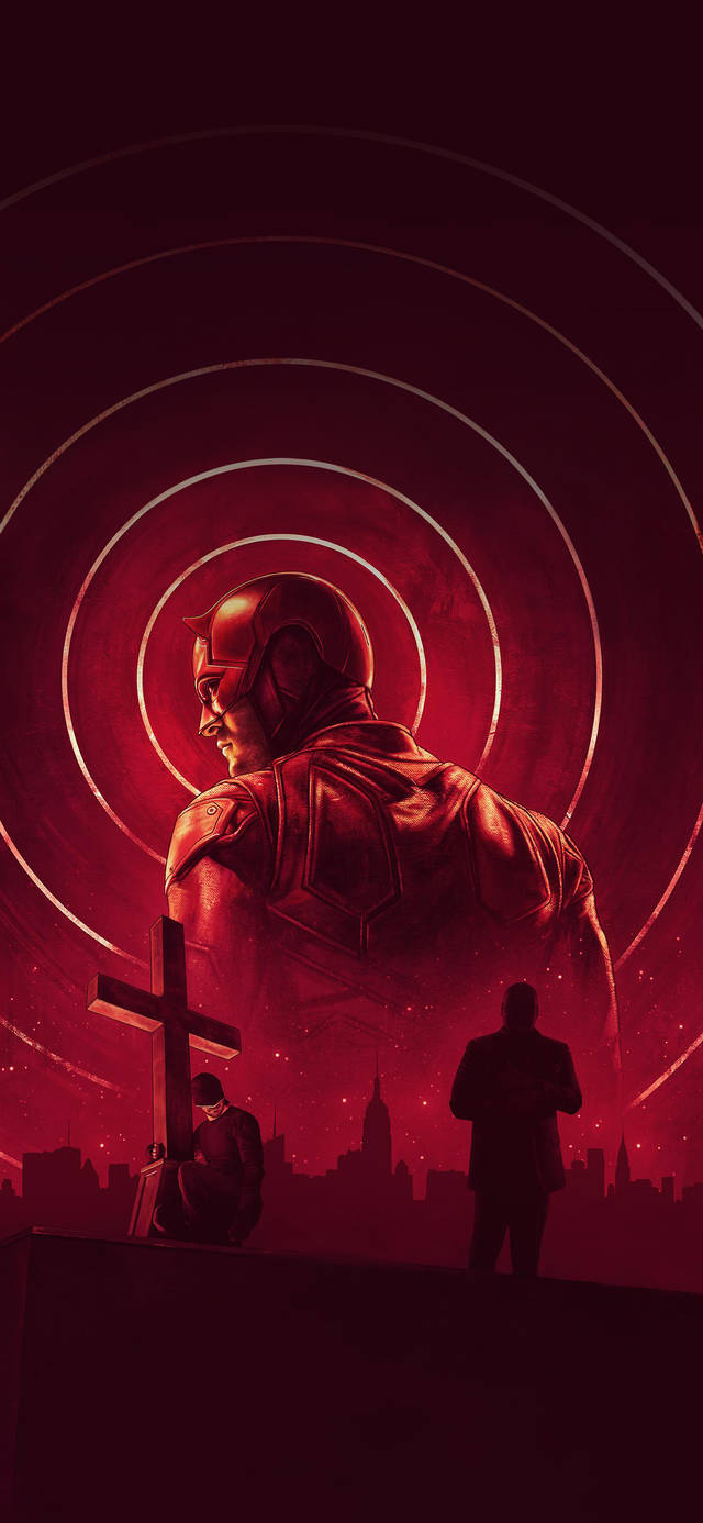 Marvel Aesthetic 桌布 壁紙 — 一位身穿紅色盔甲的超級英雄站在發光的紅色圓形背景前，背景有城市天際線和下方兩個剪影人物。