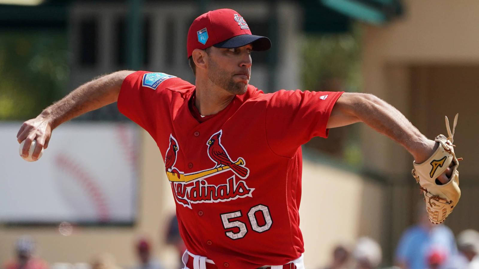 Adam Wainwright 桌布 壁紙 — 一位身穿紅色紅雀隊球衣、背號50的棒球投手在陽光明媚的比賽中準備投球。