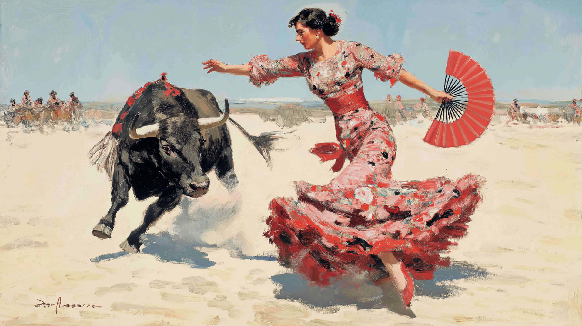 Dynamic Matador Scene: Woman Dancing with Bull 壁紙 — 一位身穿紅色花卉連衣裙的佛朗明哥舞者在陽光明媚的鬥牛場中旋轉紅色扇子，一頭衝刺的黑牛向她猛衝過來。