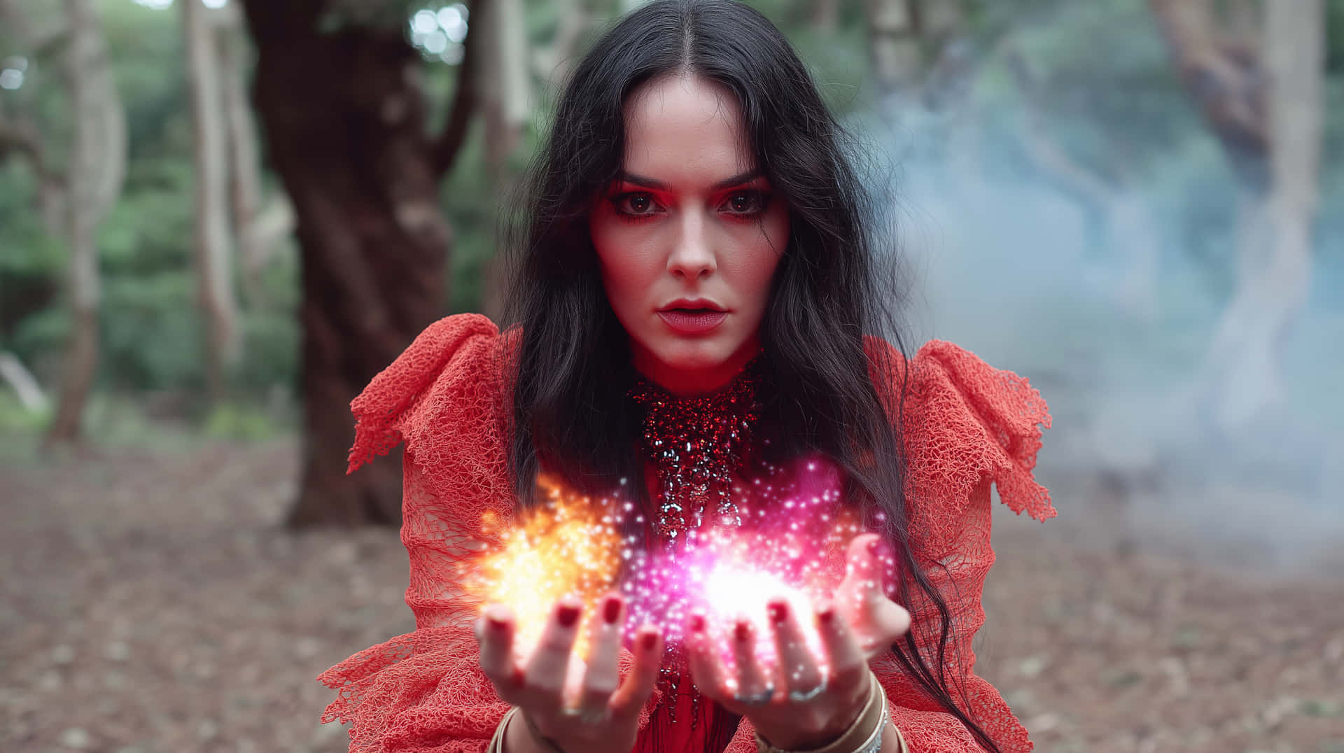 The Arcane Incantation 壁紙 — 一位身穿紅色蕾絲裙的女子在迷霧森林中手持發光的魔法球。