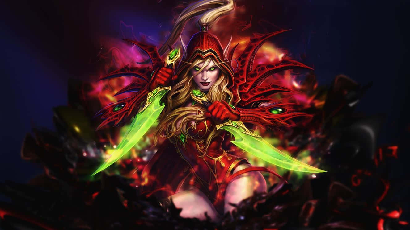 Online Gaming 桌布 壁紙 — 一位身穿紅色衣服的兇猛惡魔獵人在燃燒的黑暗翅膀和混亂能量中揮舞著發光的綠色刀刃。