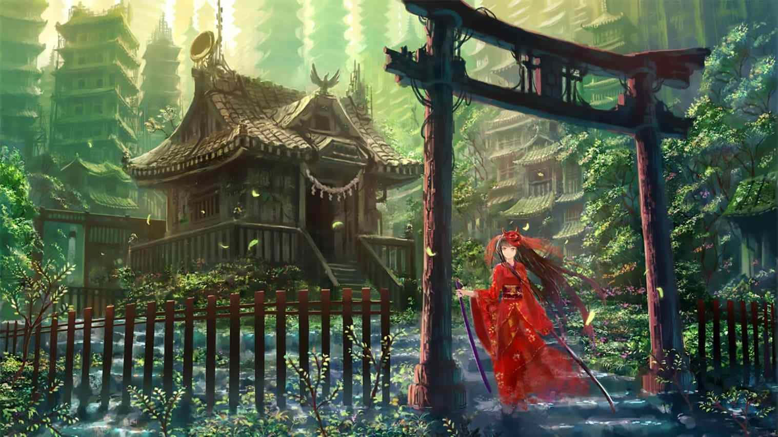 動漫女孩 桌布 壁紙 — 一位身穿紅色衣服的動漫女孩站在霧氣瀰漫的森林中的木製鳥居前，背景有傳統日本建築。